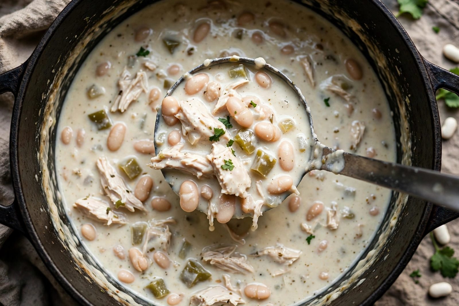 Close-up ladle of white chicken chili showing beans and chicken in creamy broth