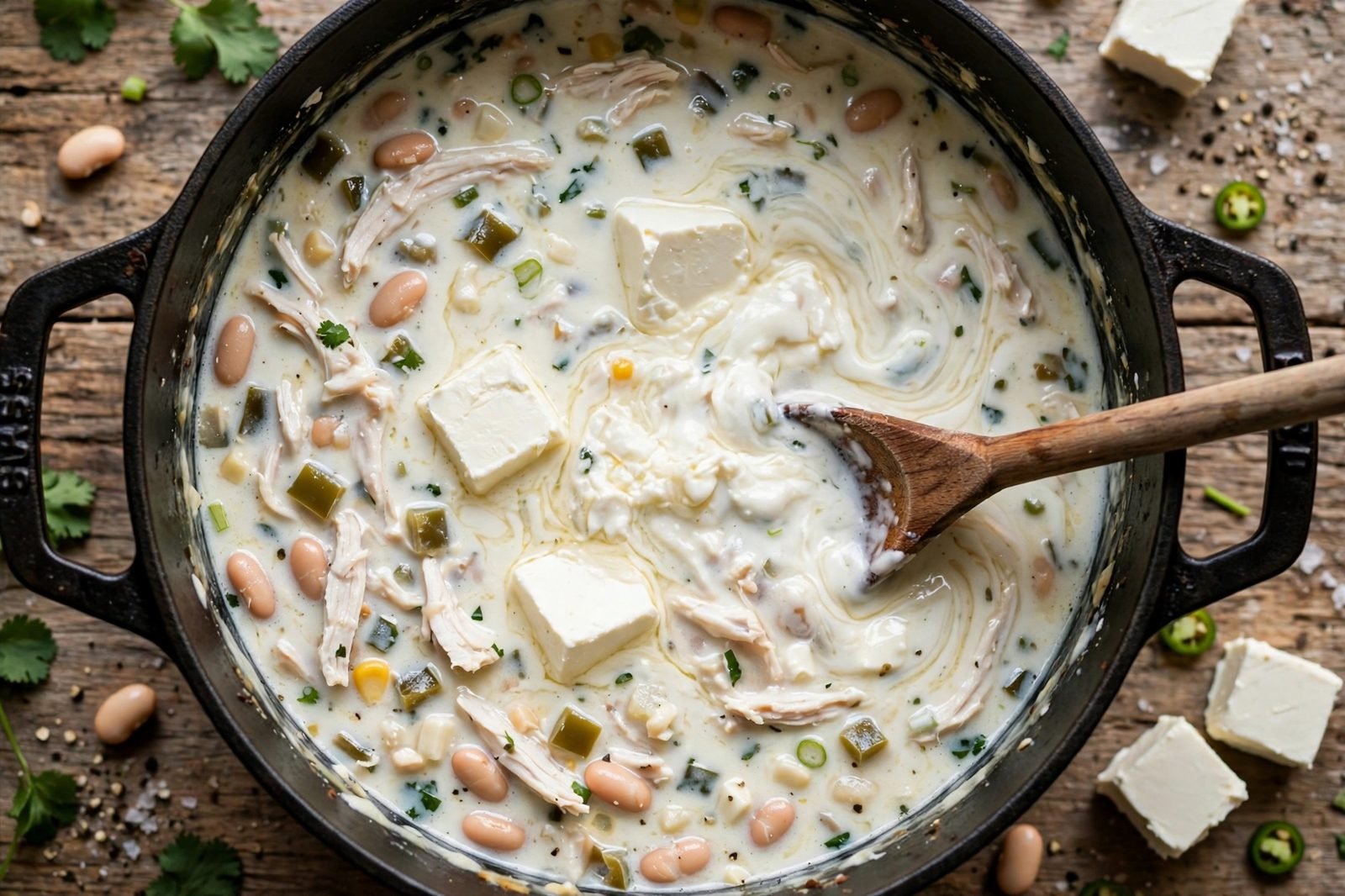 Cream cheese cubes melting into the chili — the creamy-white moment