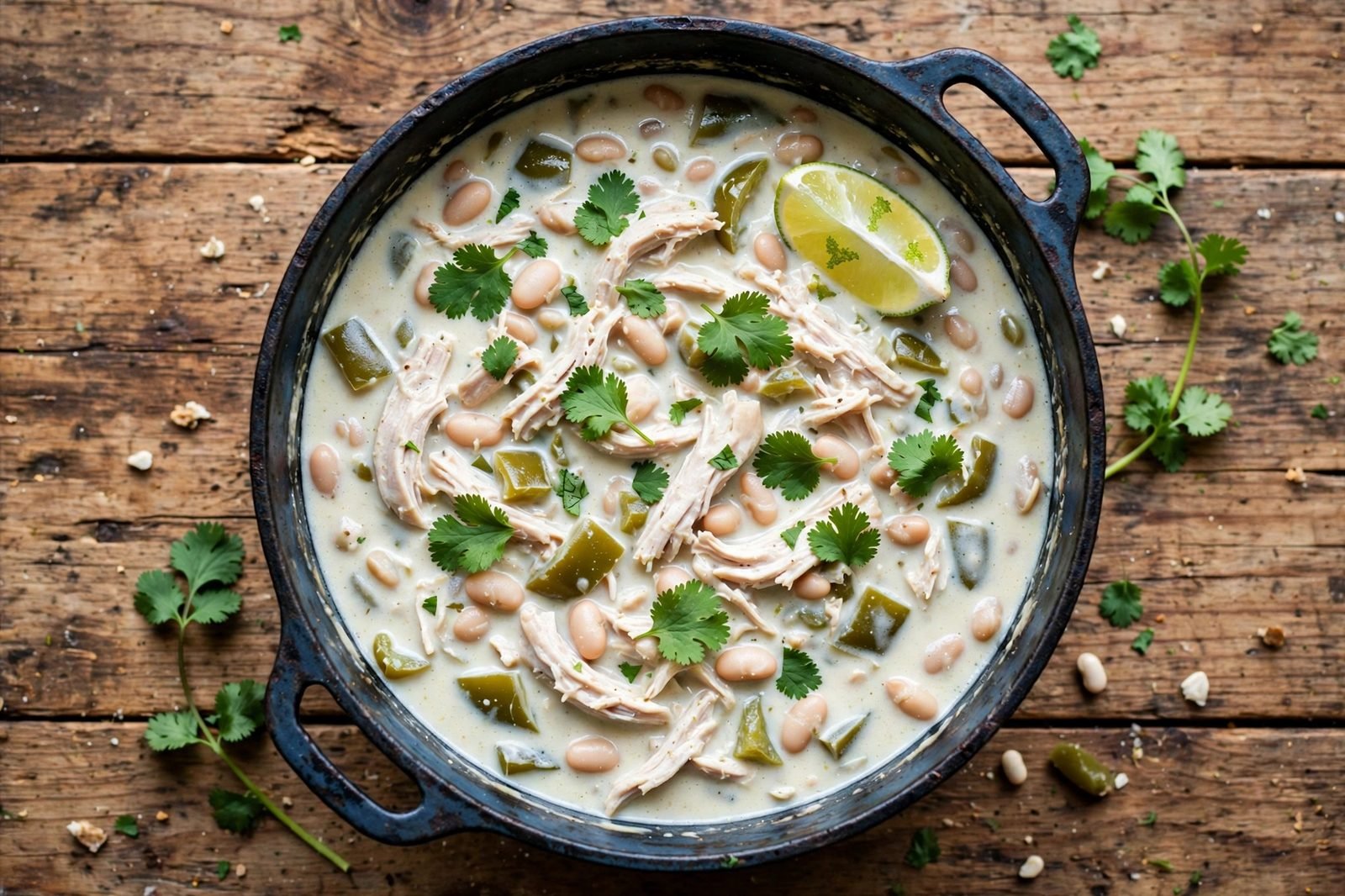Overhead view of white chicken chili in a pot: creamy-white broth with chicken pieces and white beans, cilantro and a lime wedge