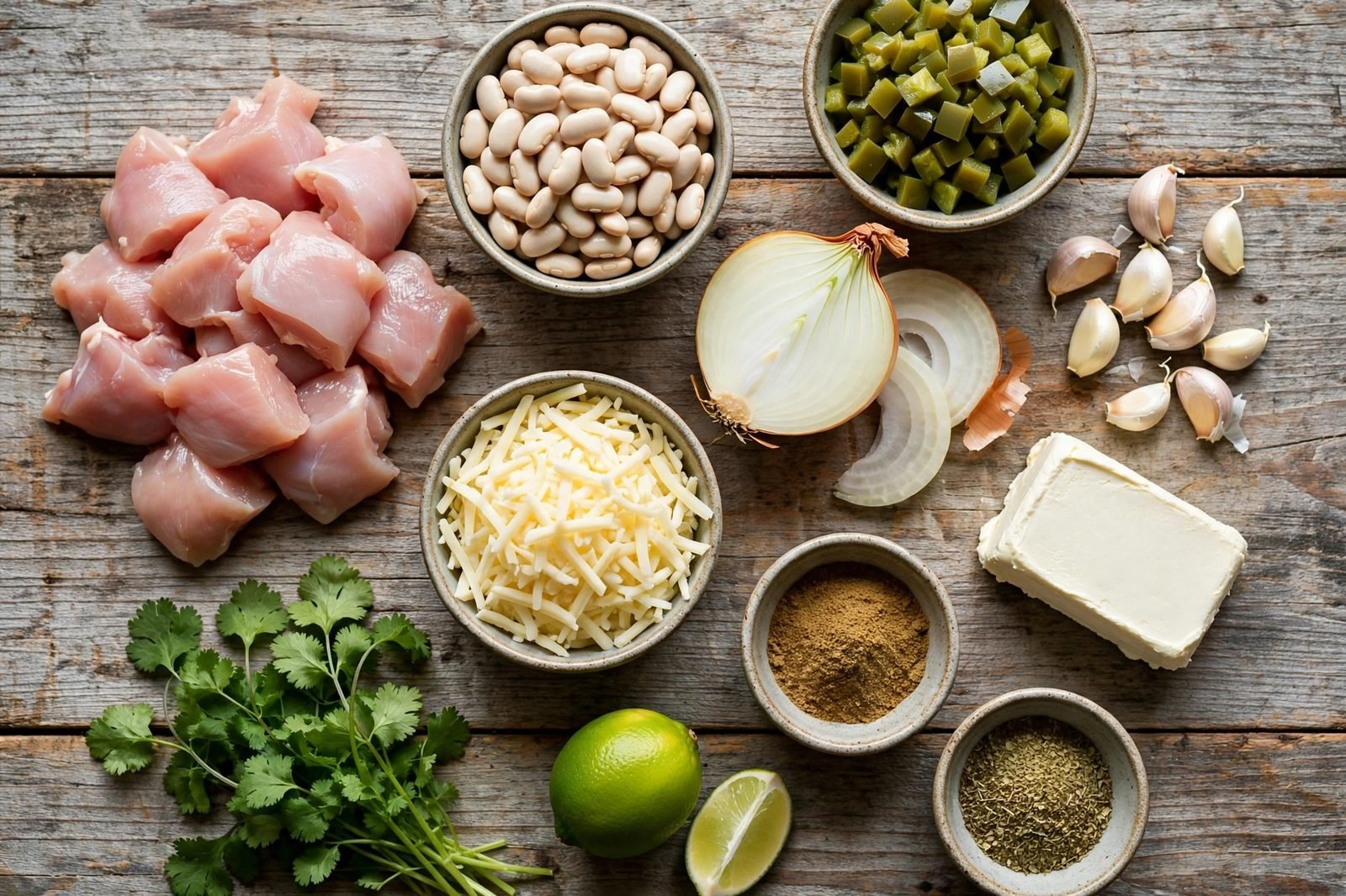 Ingredients for white chicken chili: chicken pieces, white beans, green chiles, onion, garlic, cream cheese, Monterey Jack, and spices