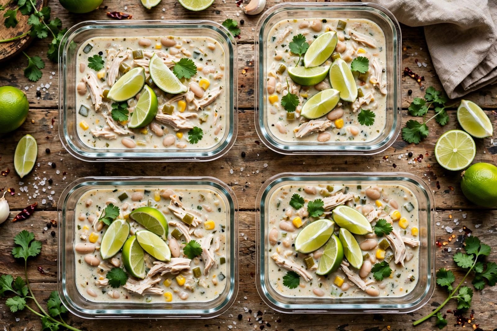 White chicken chili portioned into meal-prep containers