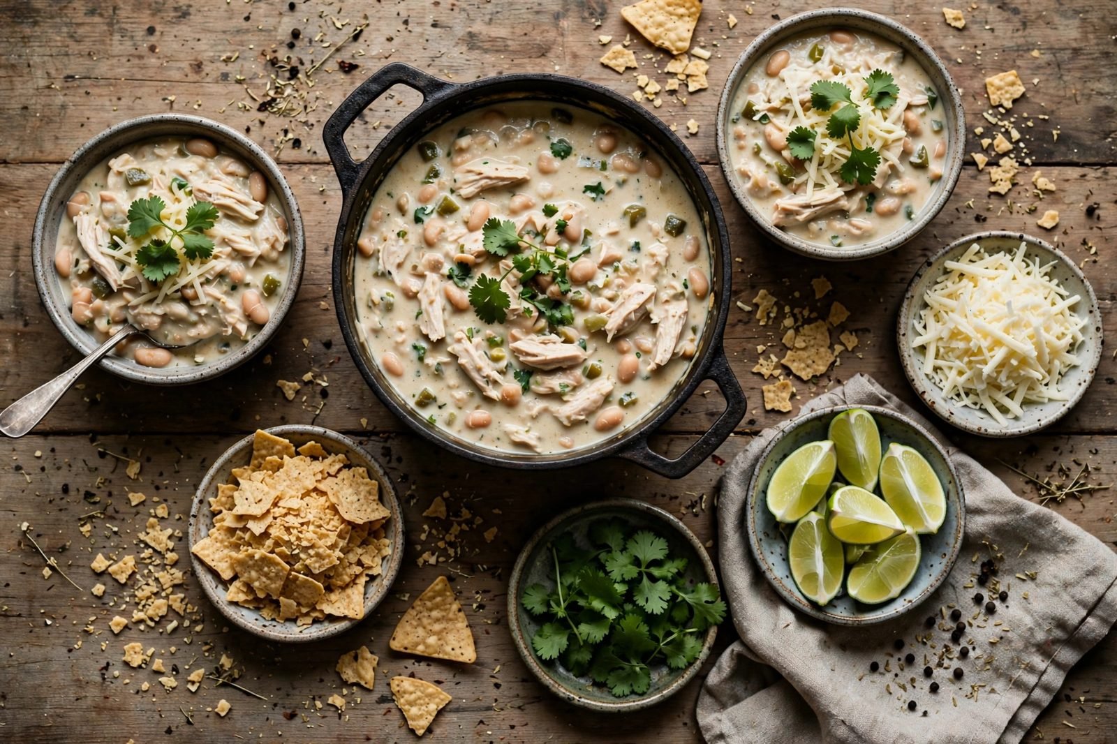Overhead table spread: pot of white chicken chili, bowls, lime wedges, and tortilla chips