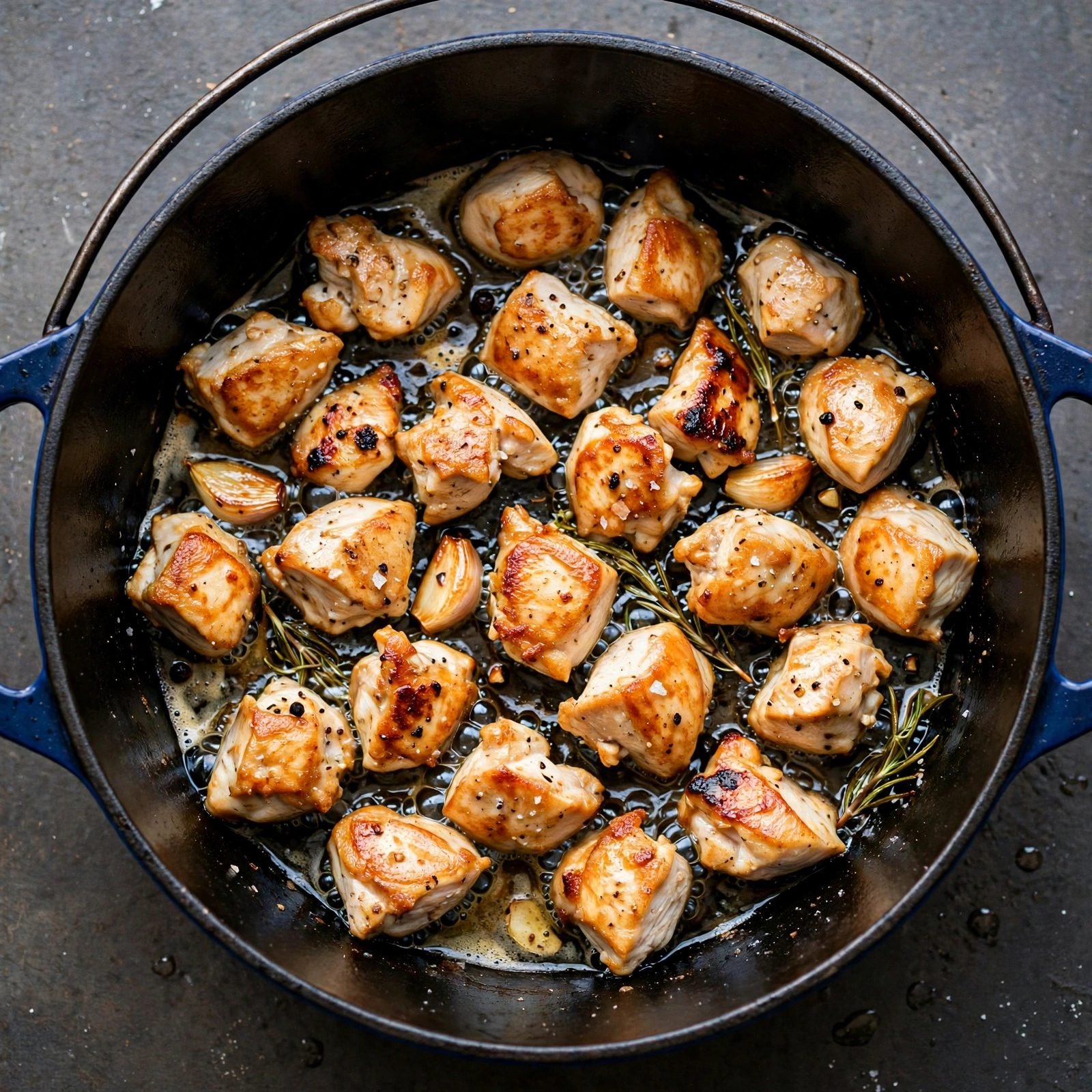 Chicken pieces searing golden in a Dutch oven