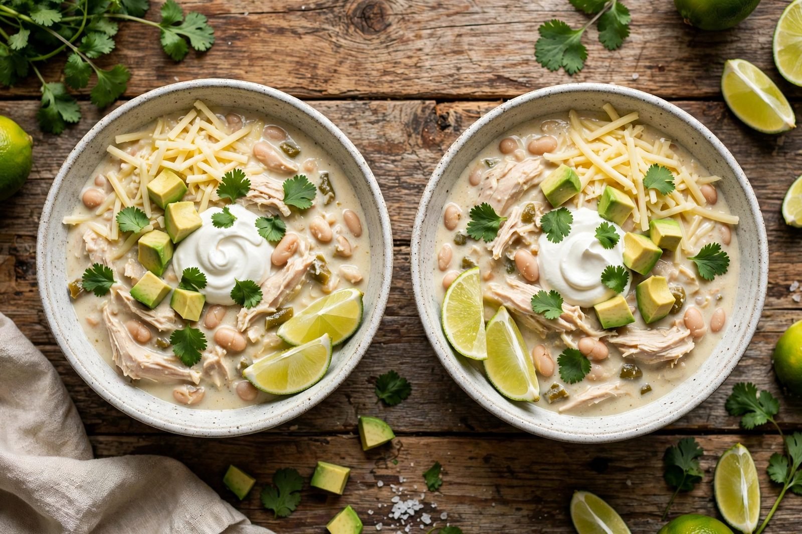 Served bowls of white chicken chili with cheese, sour cream, avocado, tortilla chips, cilantro, and lime