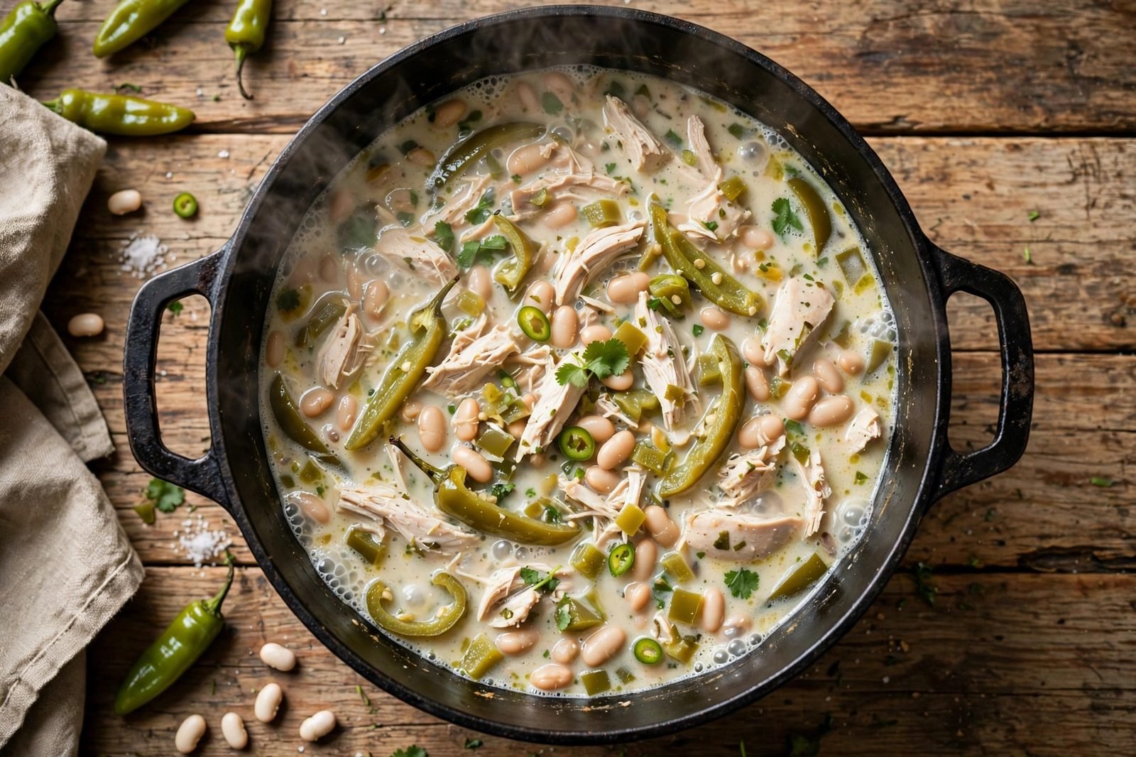 White chicken chili simmering with steam rising