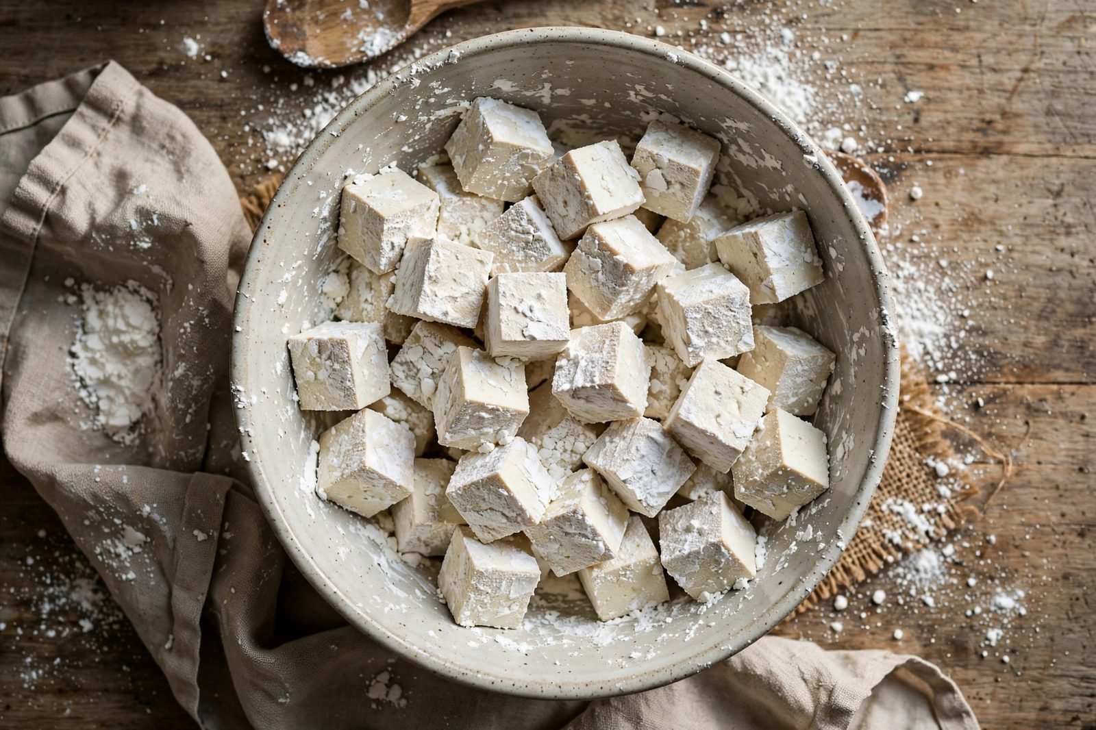 Tofu cubes tossed with cornstarch, salt, and pepper for coating