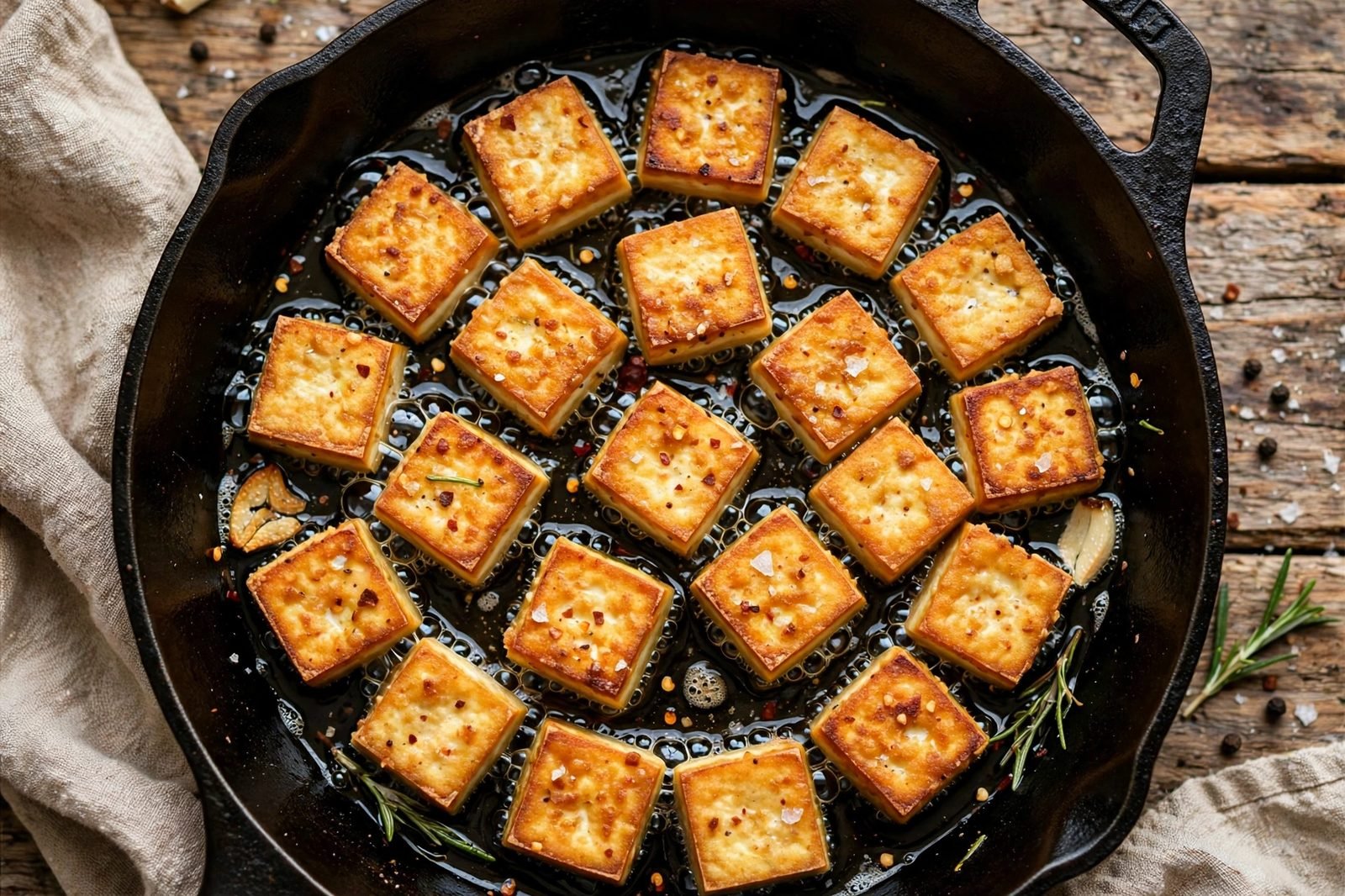 Tofu cubes searing golden and crisp in a hot skillet