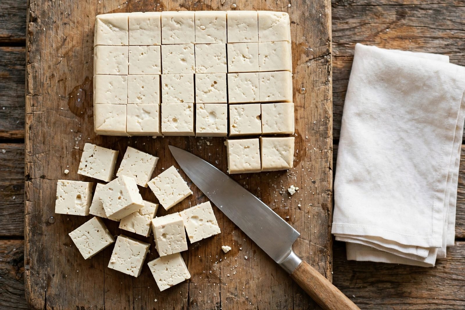 Pressed tofu being cut into 3/4-inch cubes