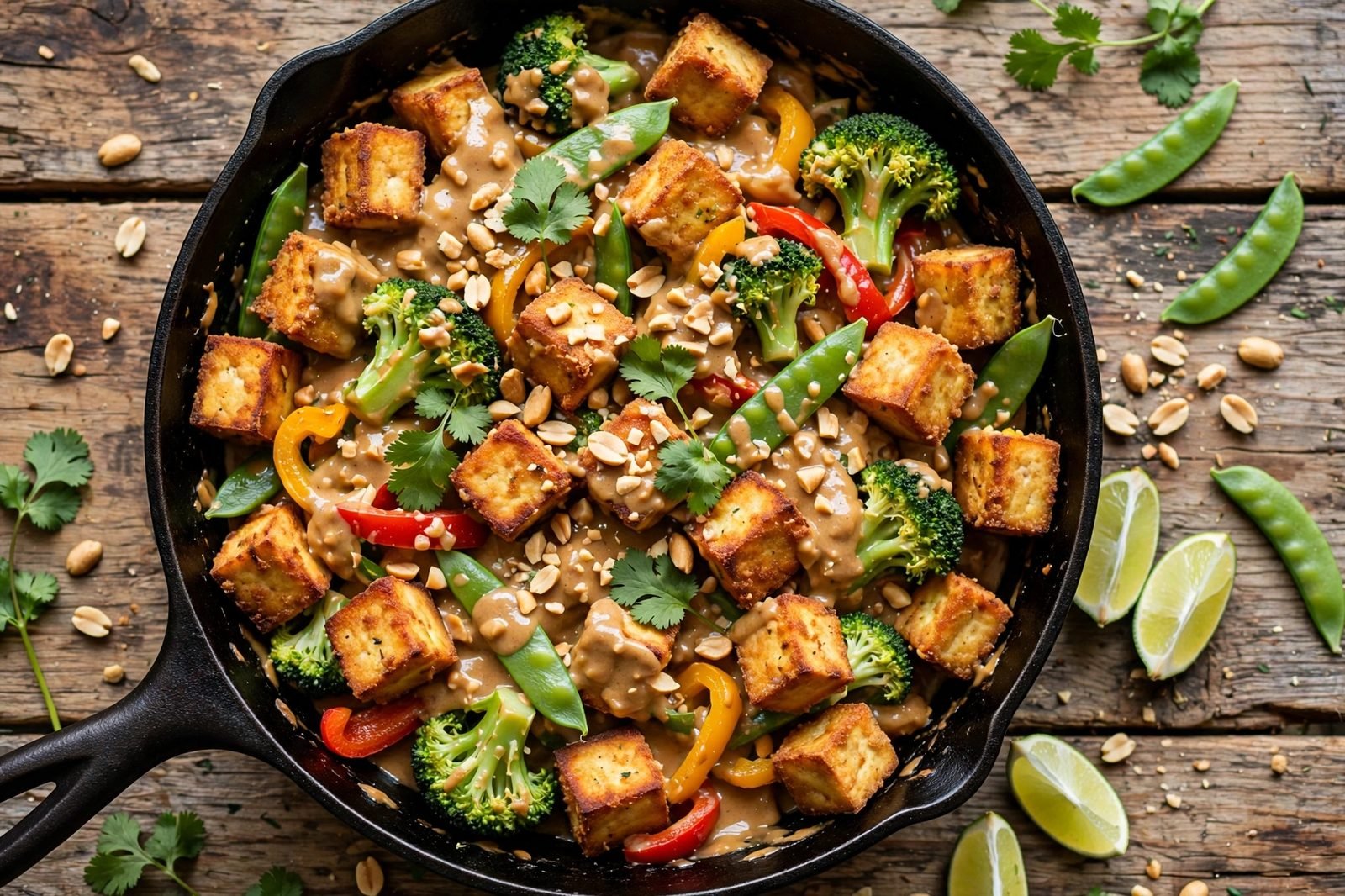 Overhead view of the tofu and veggie peanut skillet: crispy golden tofu, broccoli, bell peppers, and snap peas in creamy peanut sauce, with peanuts, cilantro, and lime