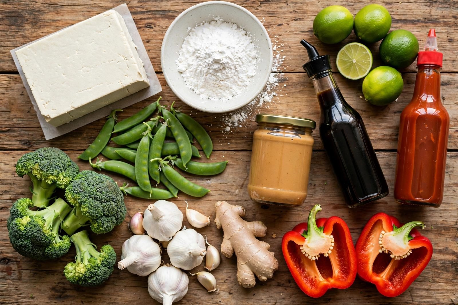Ingredients for the tofu peanut skillet: extra-firm tofu, peanut butter, coconut milk, soy sauce, lime, bell pepper, broccoli, snap peas, ginger, and peanuts