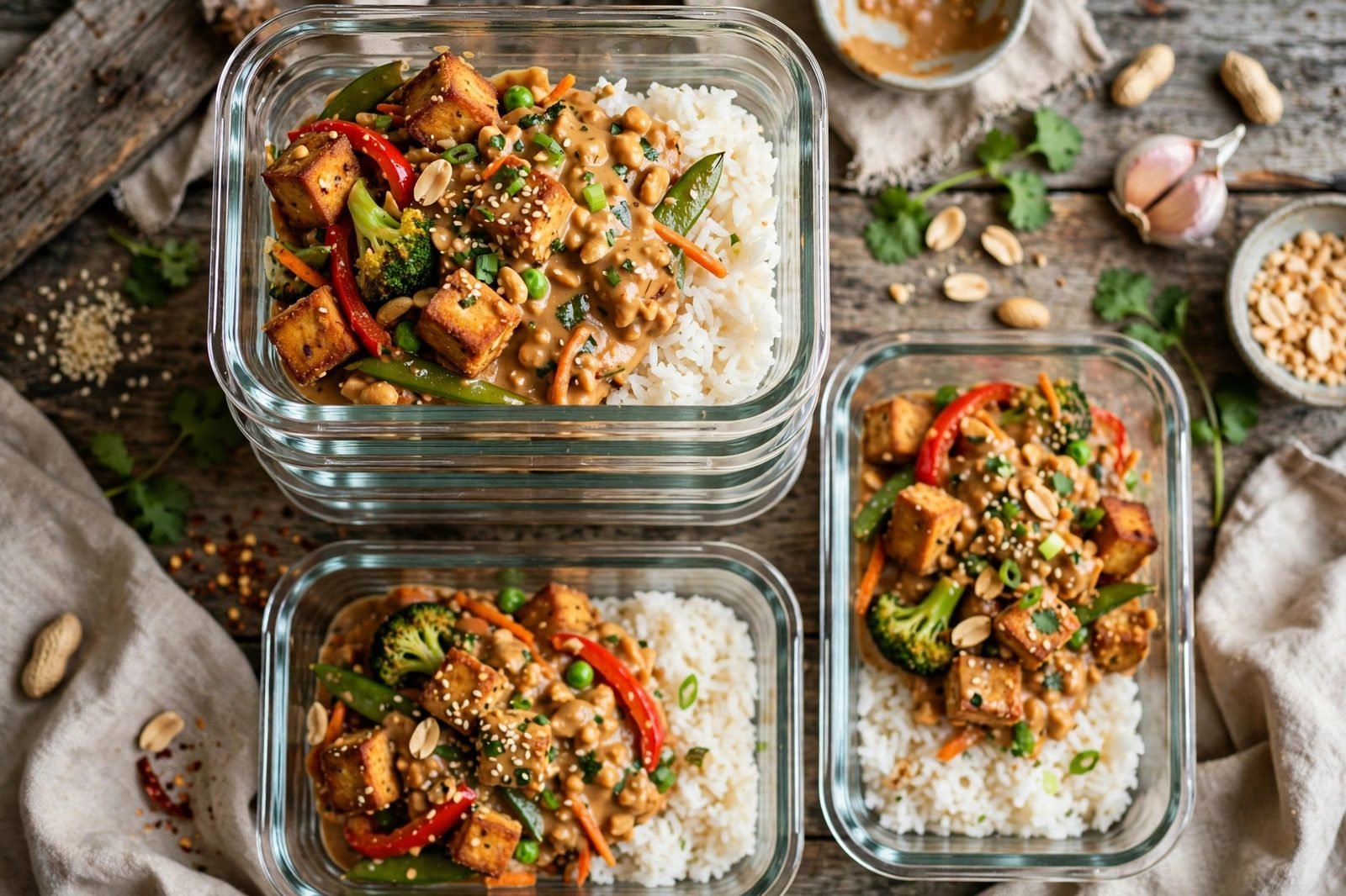 Tofu and veggie peanut skillet portioned into meal-prep containers