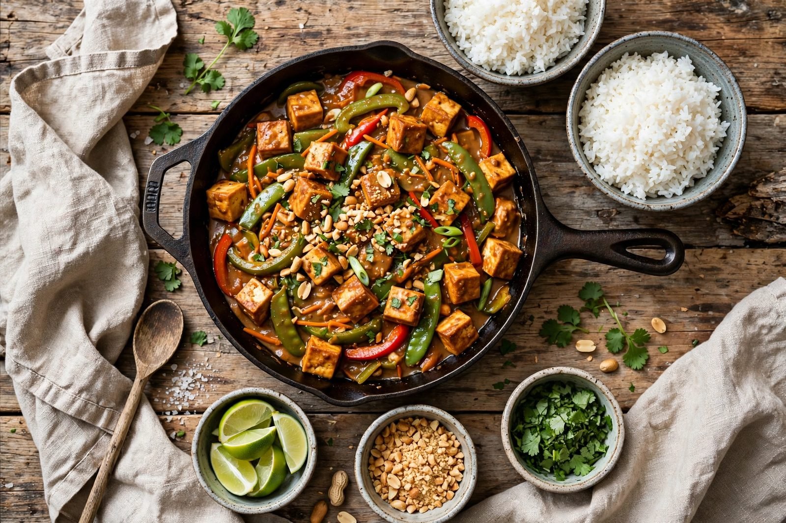 Overhead table spread with the tofu peanut skillet, rice bowls, lime wedges, and peanuts