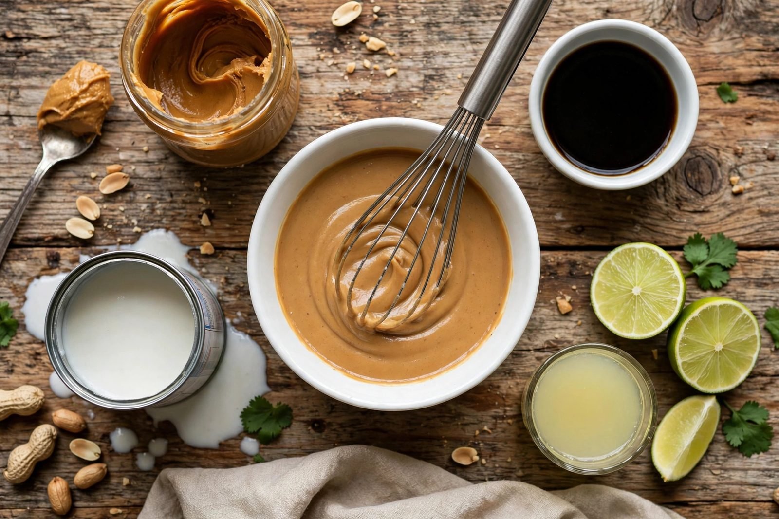 Creamy peanut-lime sauce being whisked in a small bowl
