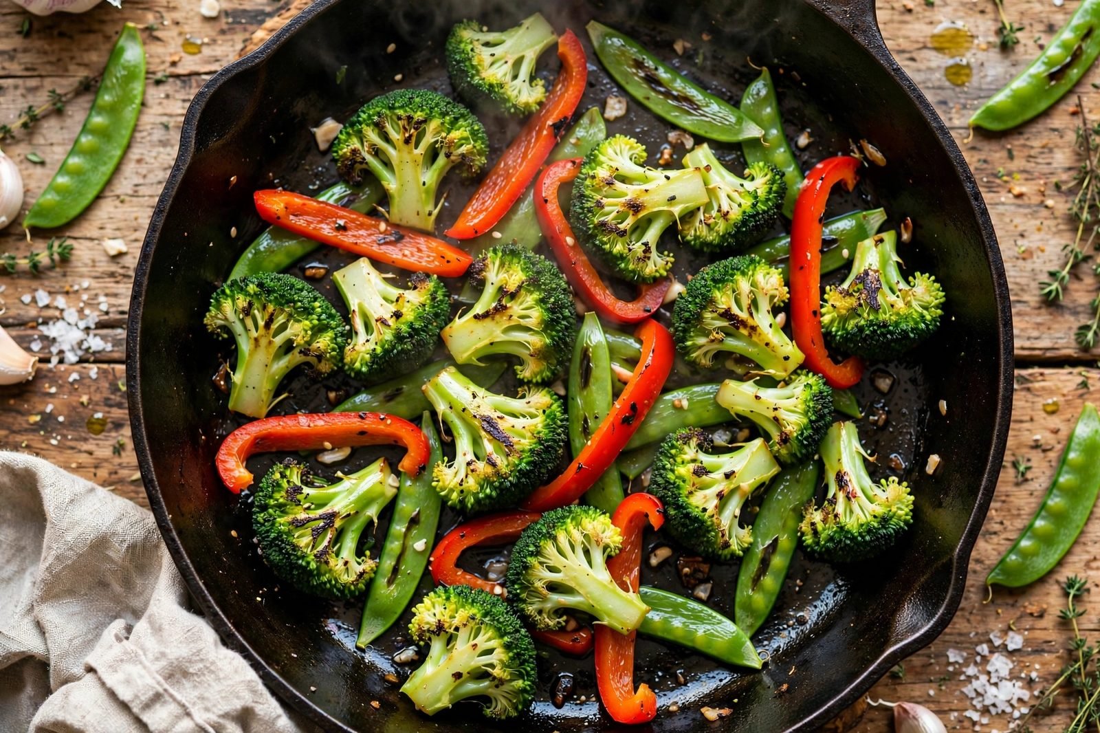 Bell pepper, broccoli, and snap peas searing in the skillet