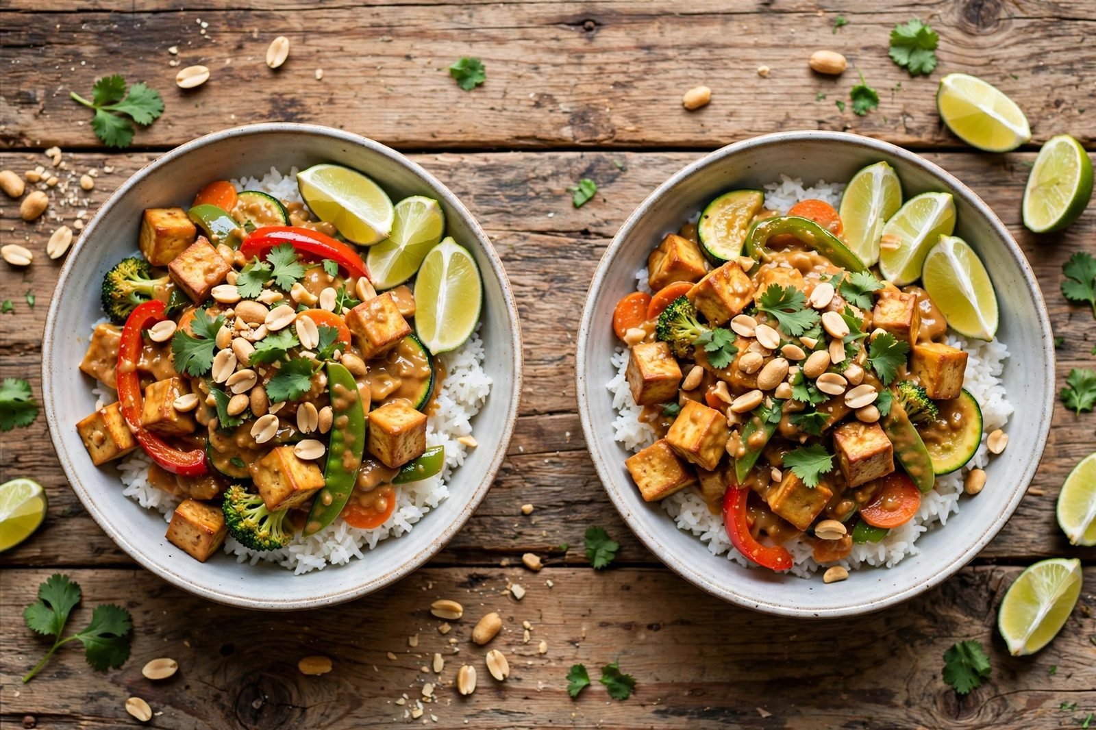 Two served bowls of tofu peanut skillet over jasmine rice, topped with peanuts, cilantro, and lime wedges