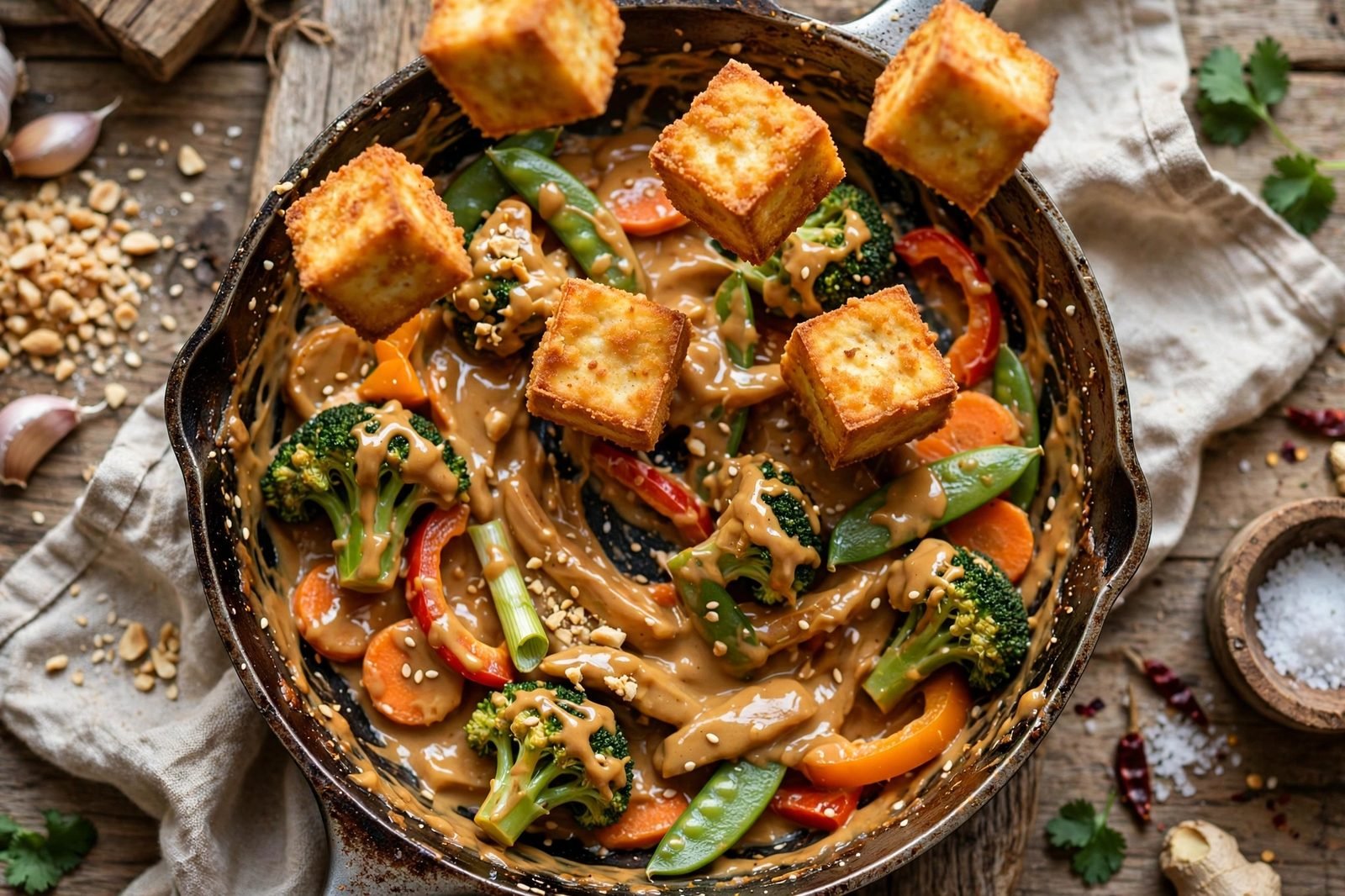 Crispy tofu returned to the skillet and gently tossed to coat in peanut sauce