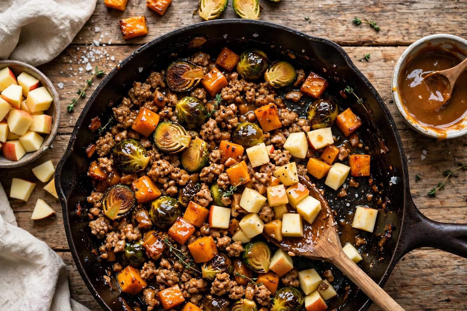 Diced apple stirred into the skillet