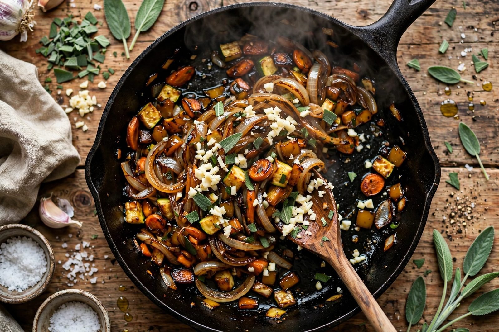 Garlic, sage, and thyme blooming in the skillet