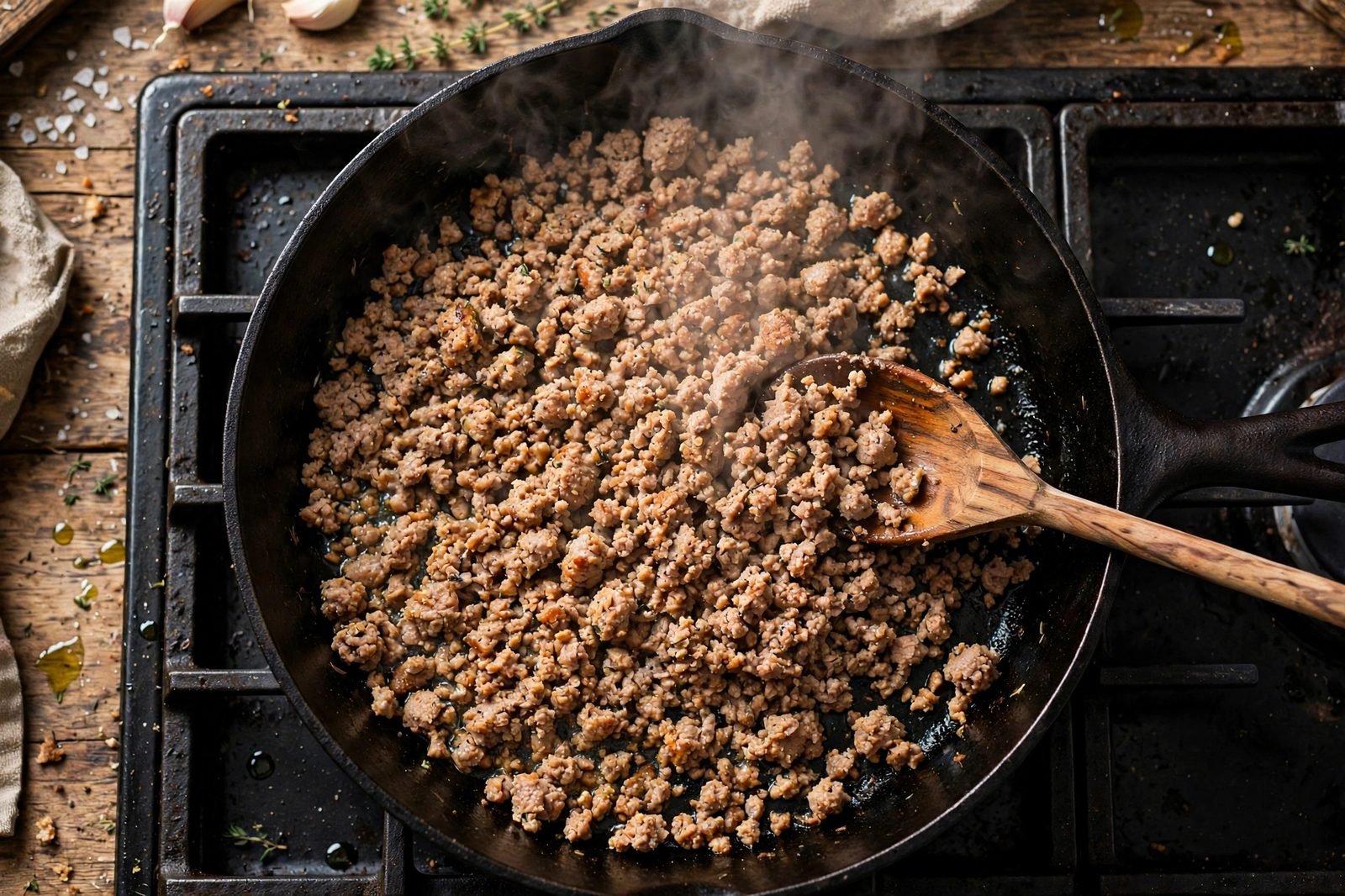 Ground turkey crumbles browning in a hot skillet