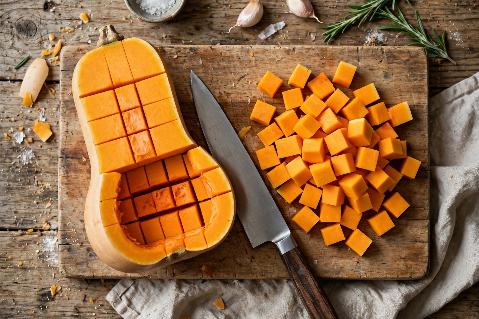 Dicing butternut squash into small cubes