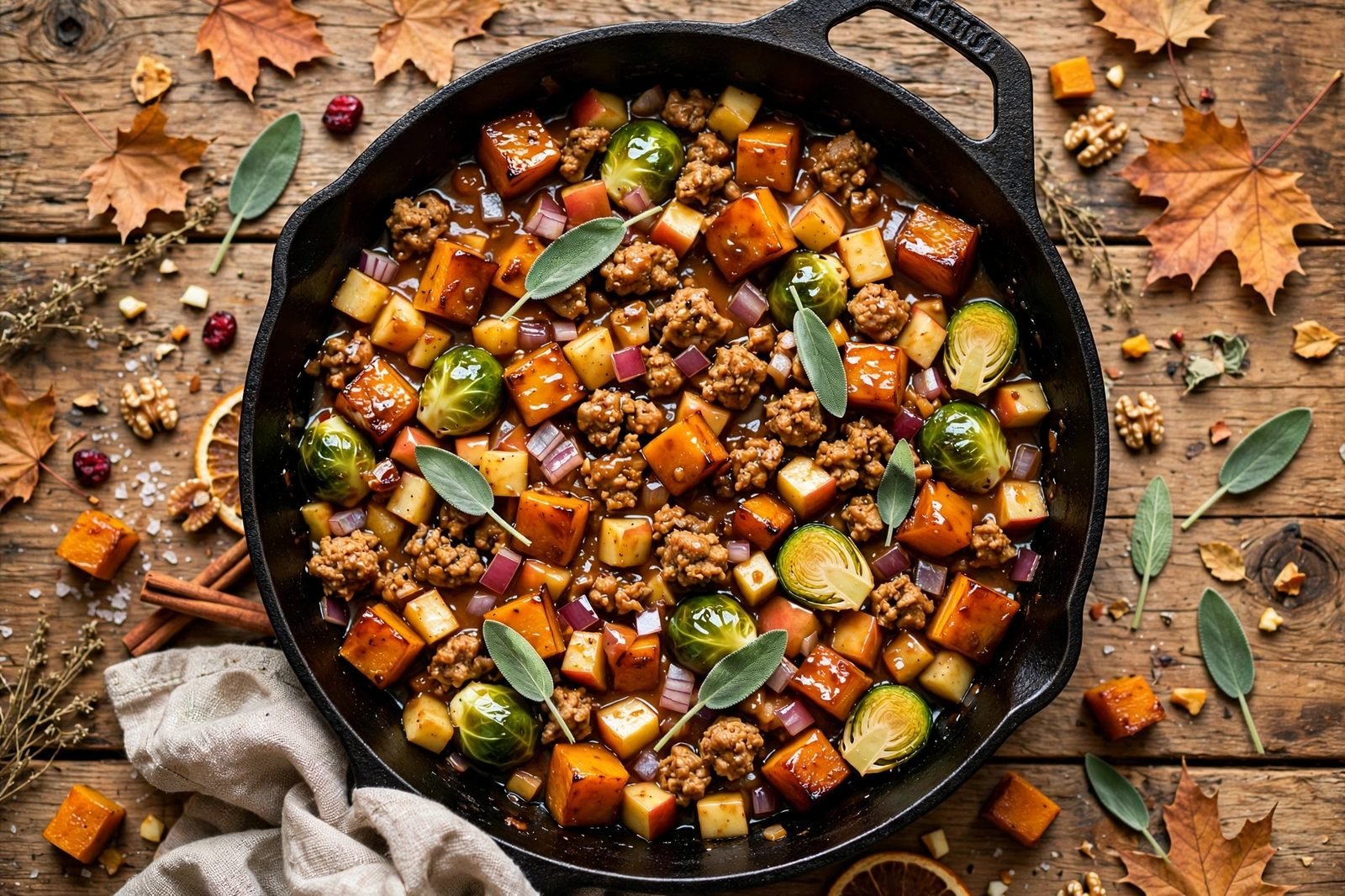 Finished harvest turkey and veggie skillet, overhead view