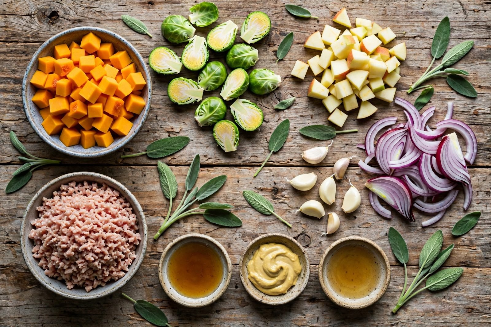 Ingredients for harvest turkey skillet: ground turkey, butternut squash, Brussels sprouts, apple, maple syrup, Dijon, and sage