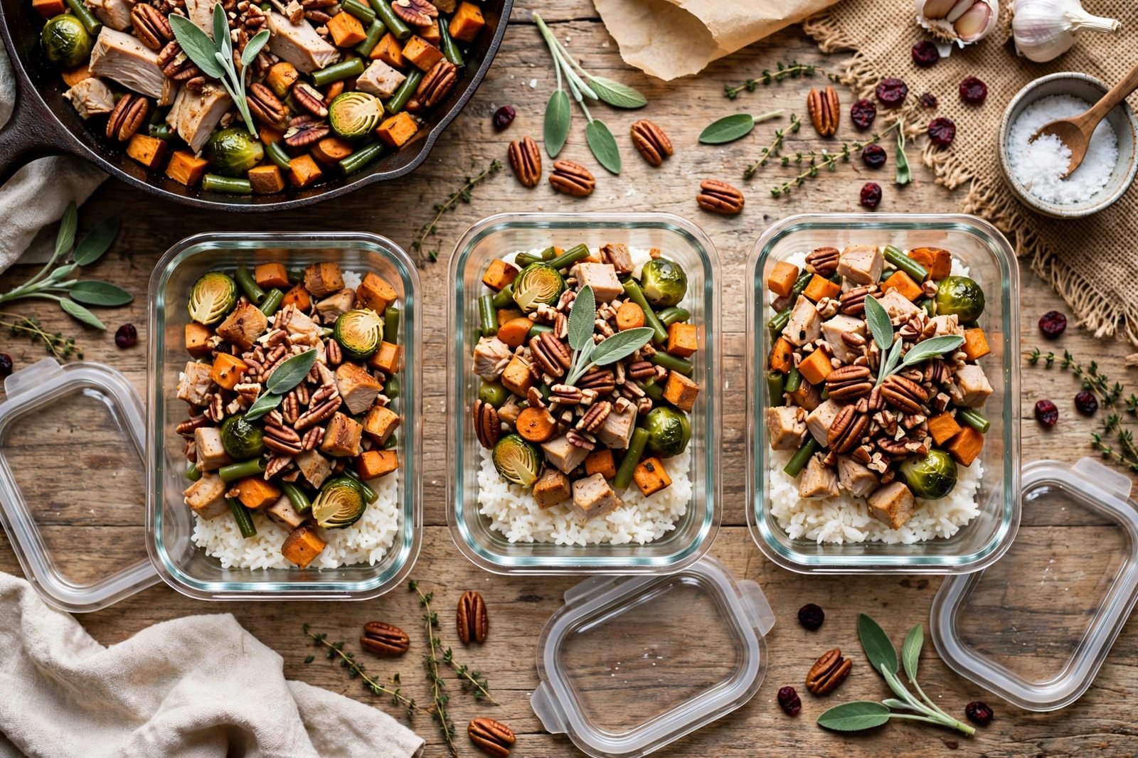Harvest turkey skillet portioned into meal-prep containers