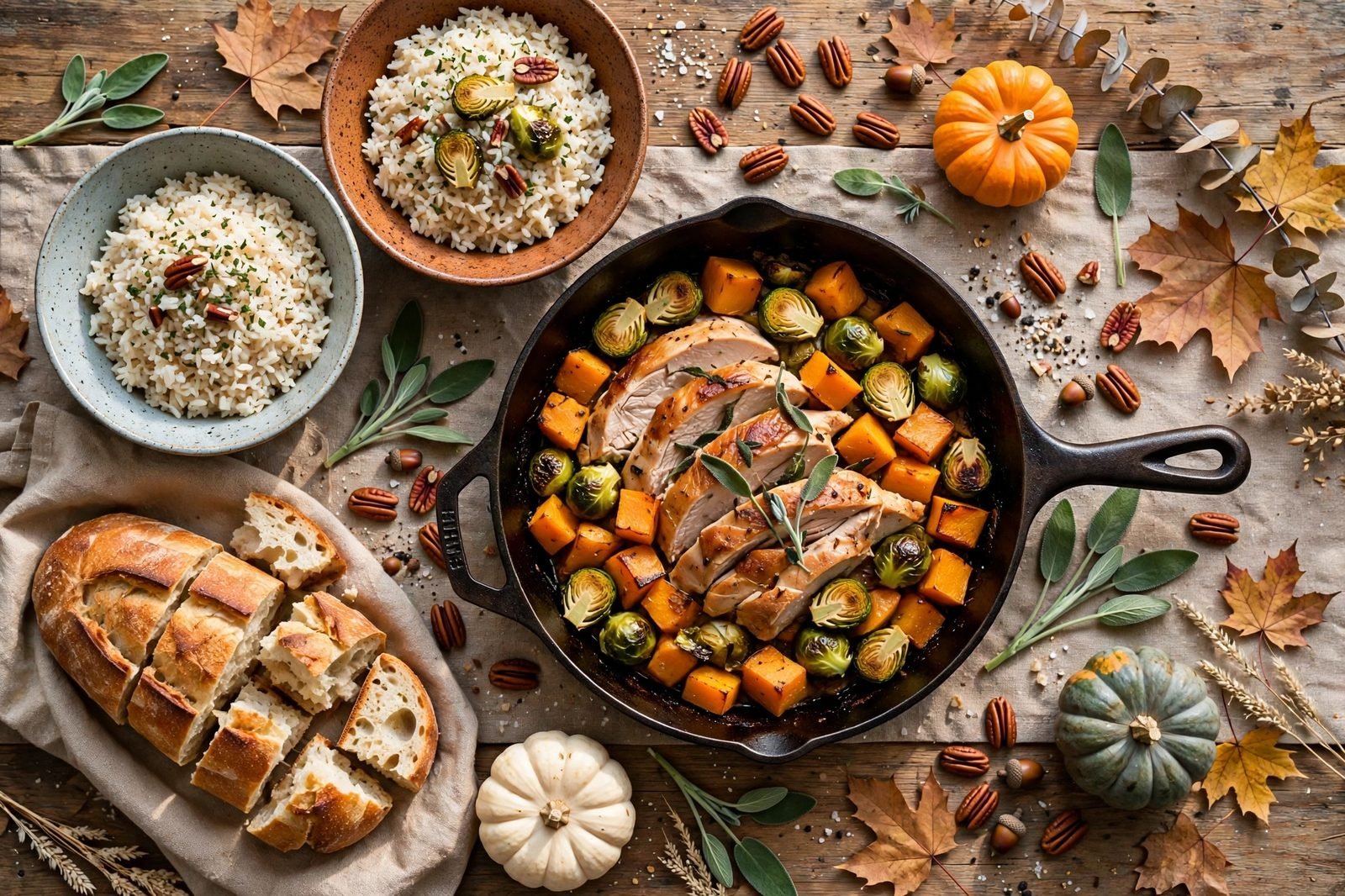 Overhead fall table spread with the harvest turkey skillet