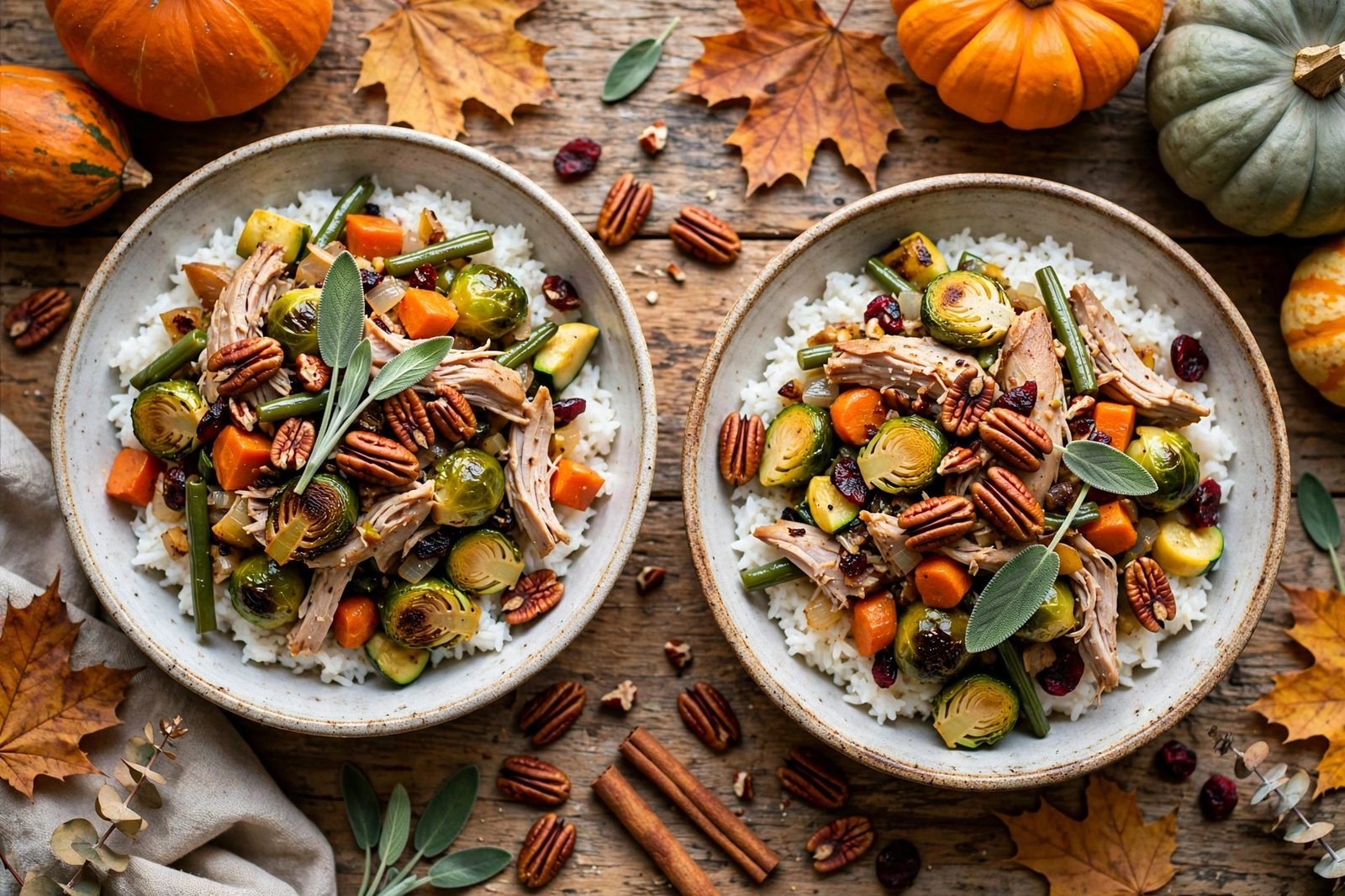 Served bowls of harvest turkey skillet over rice with pecans