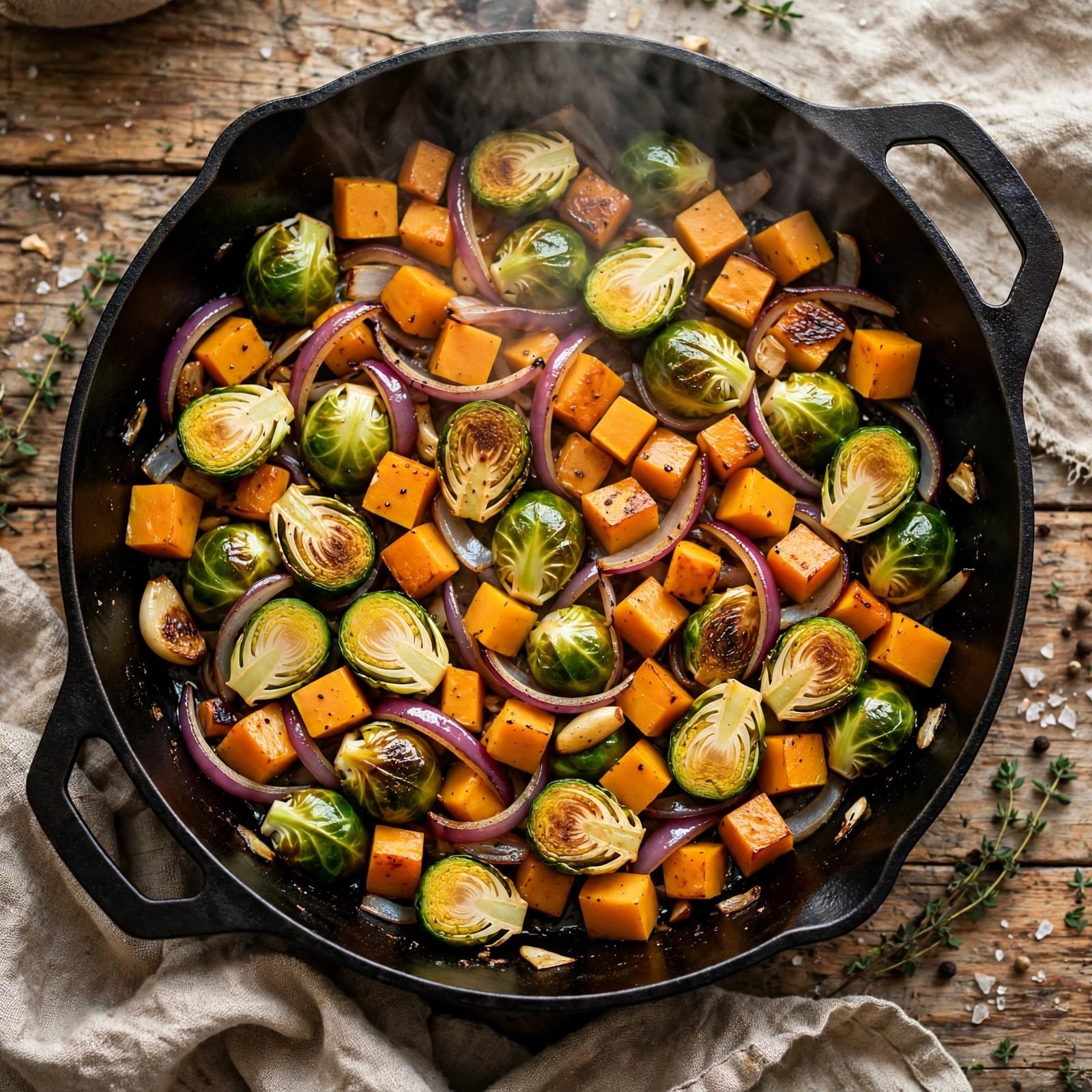 Butternut squash, Brussels sprouts, and red onion softening in the skillet