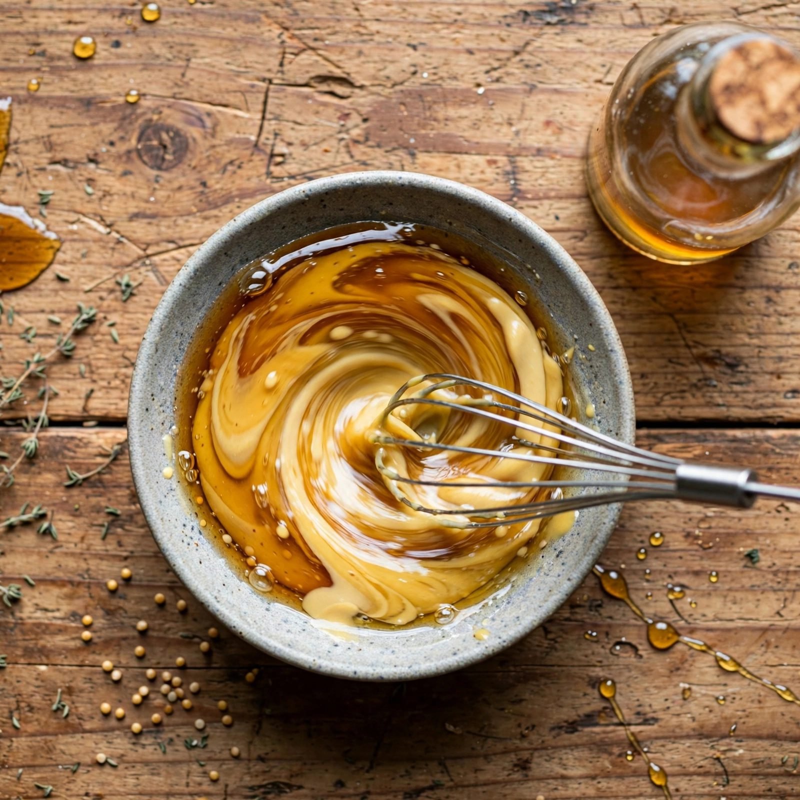 Whisking the maple-Dijon glaze in a small bowl