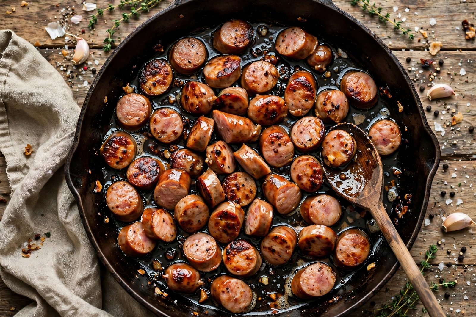 Andouille sausage browning in the skillet