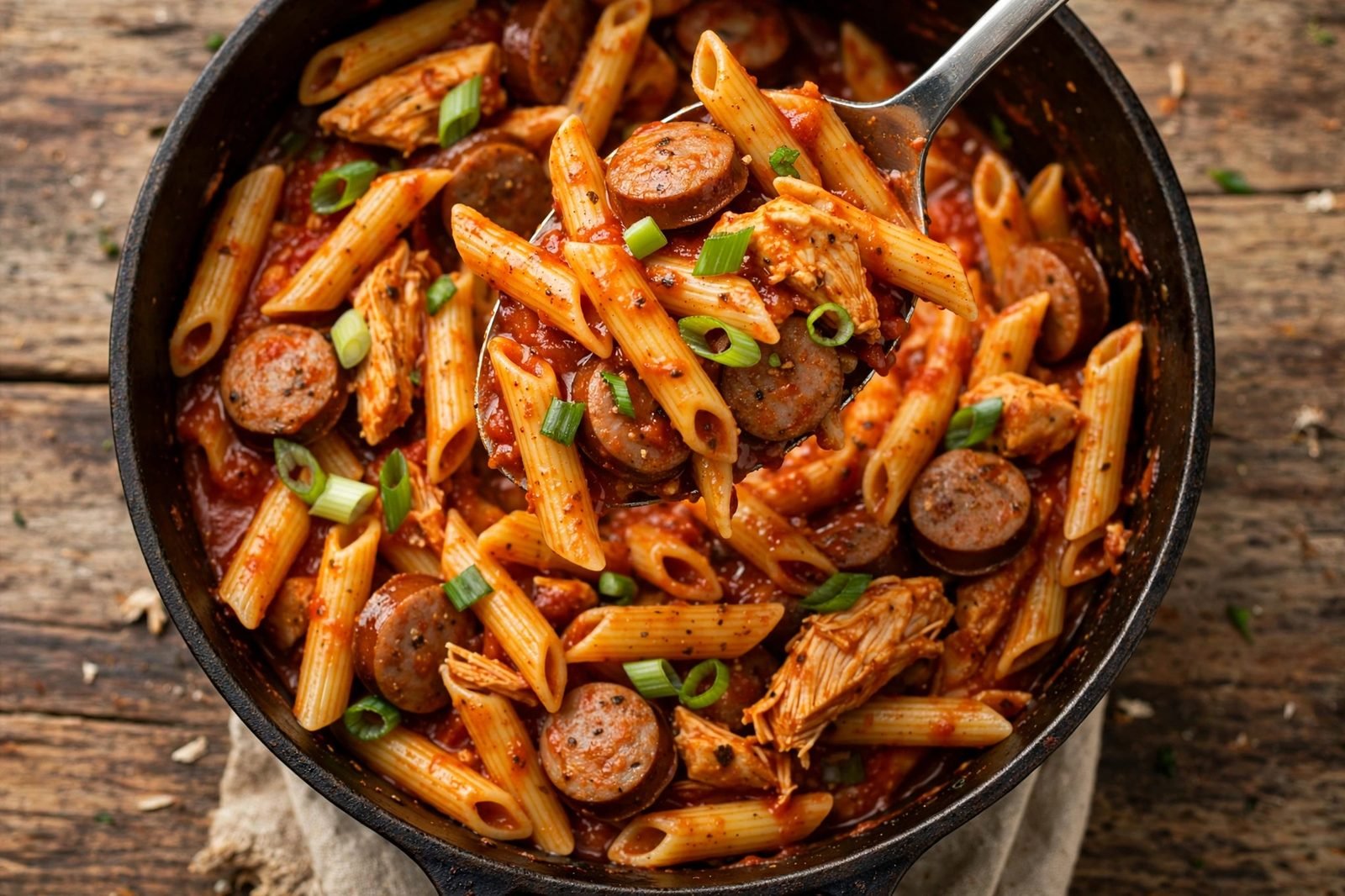 Close-up scoop of jambalaya pasta showing chicken, sausage, and penne
