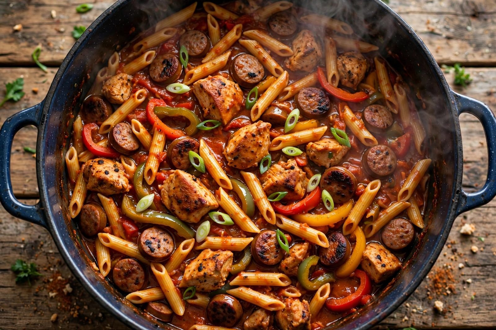 Finished jambalaya pasta in the pot with green onions