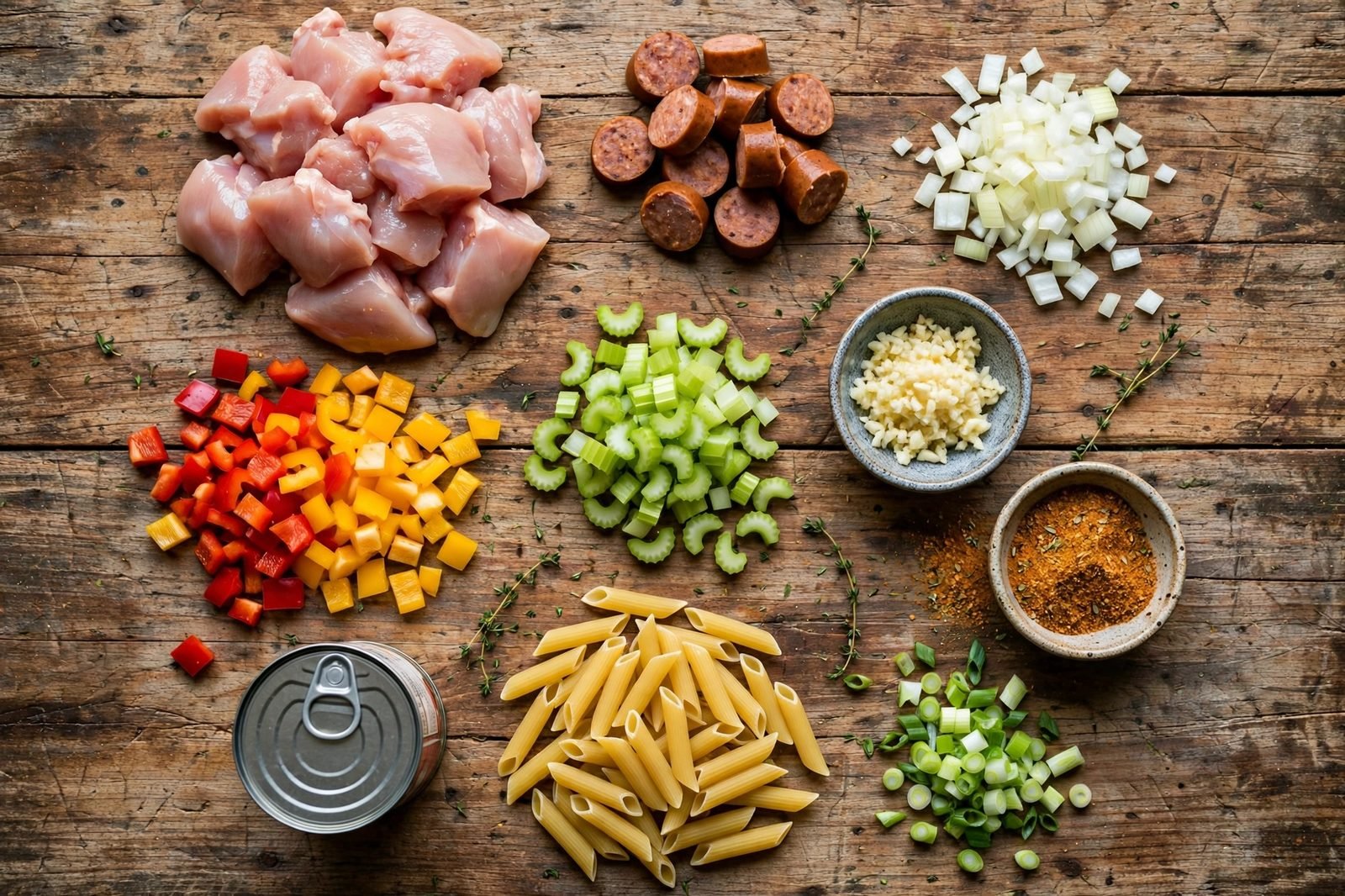Ingredients for jambalaya pasta: chicken, andouille sausage, trinity vegetables, penne, tomatoes, and Cajun seasoning