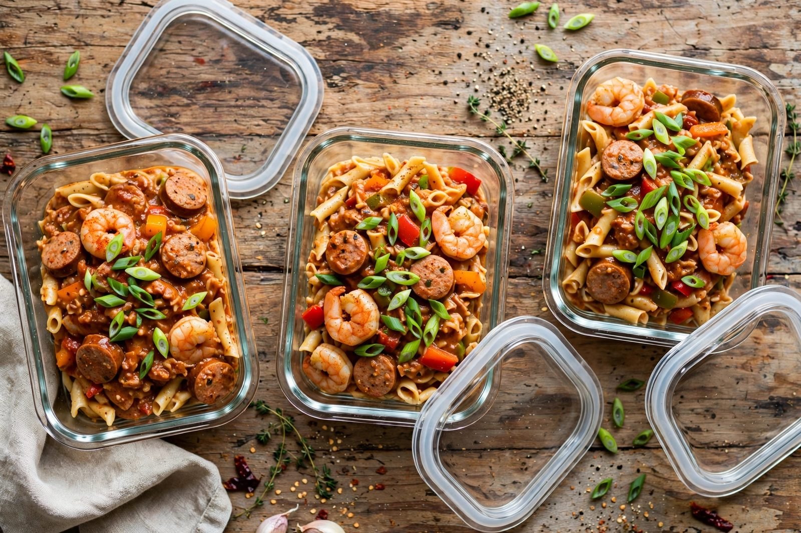 Jambalaya pasta portioned into meal-prep containers
