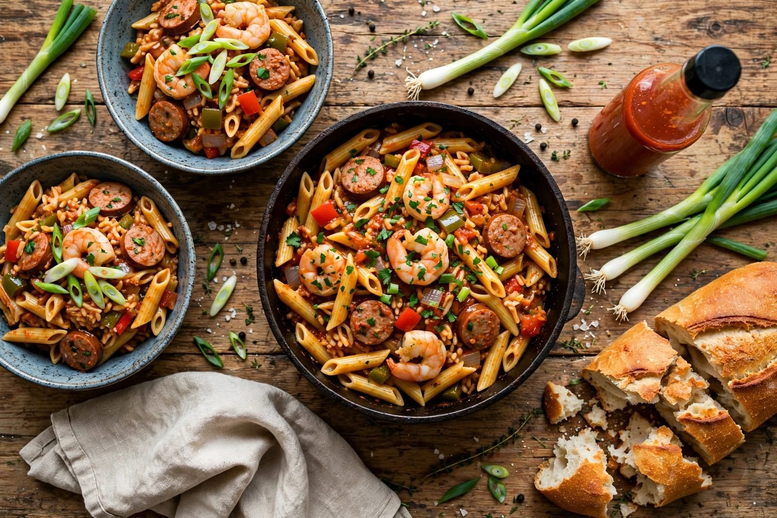 Overhead table spread with jambalaya pasta and hot sauce