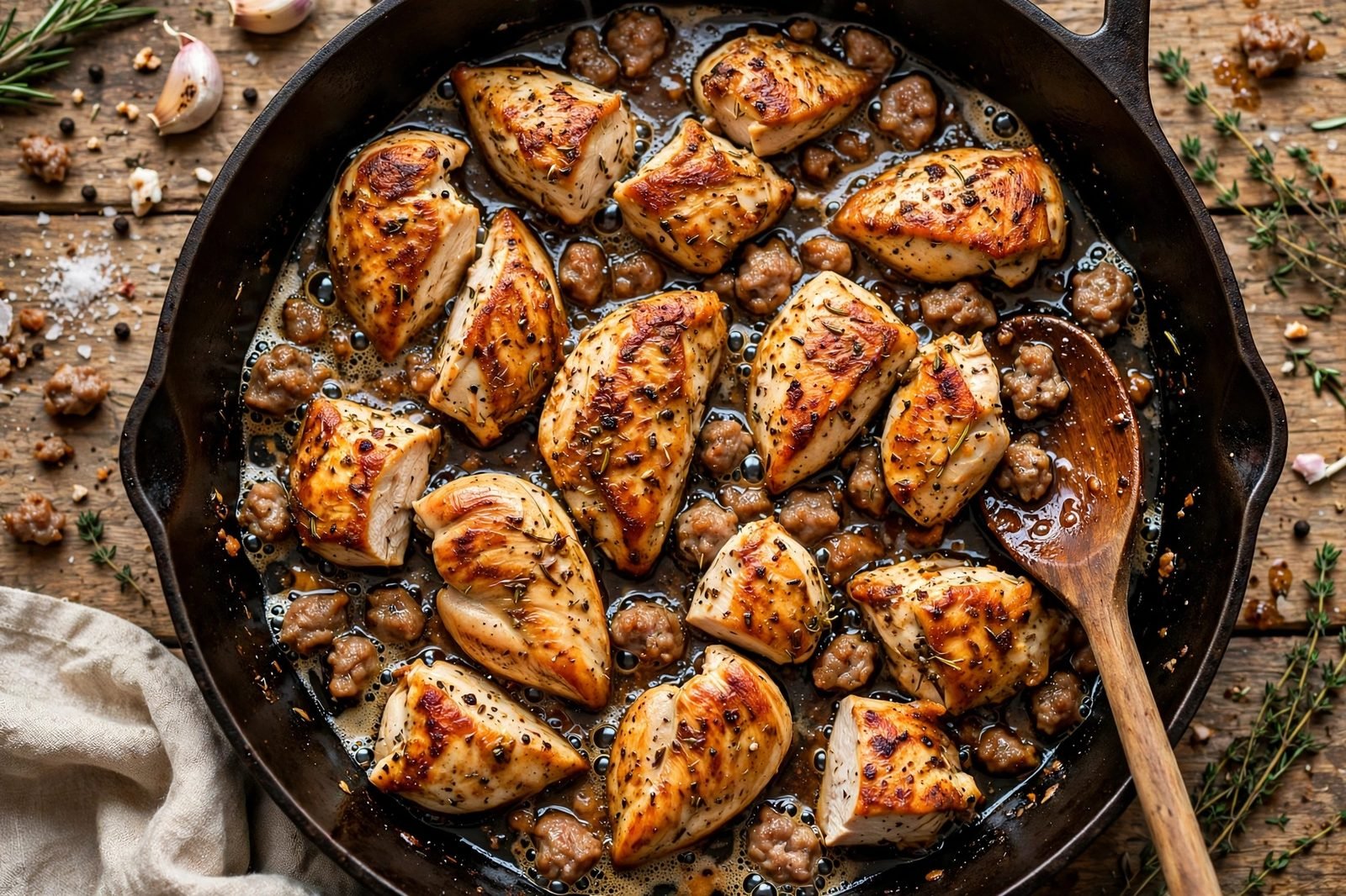 Chicken pieces searing in the rendered sausage fat