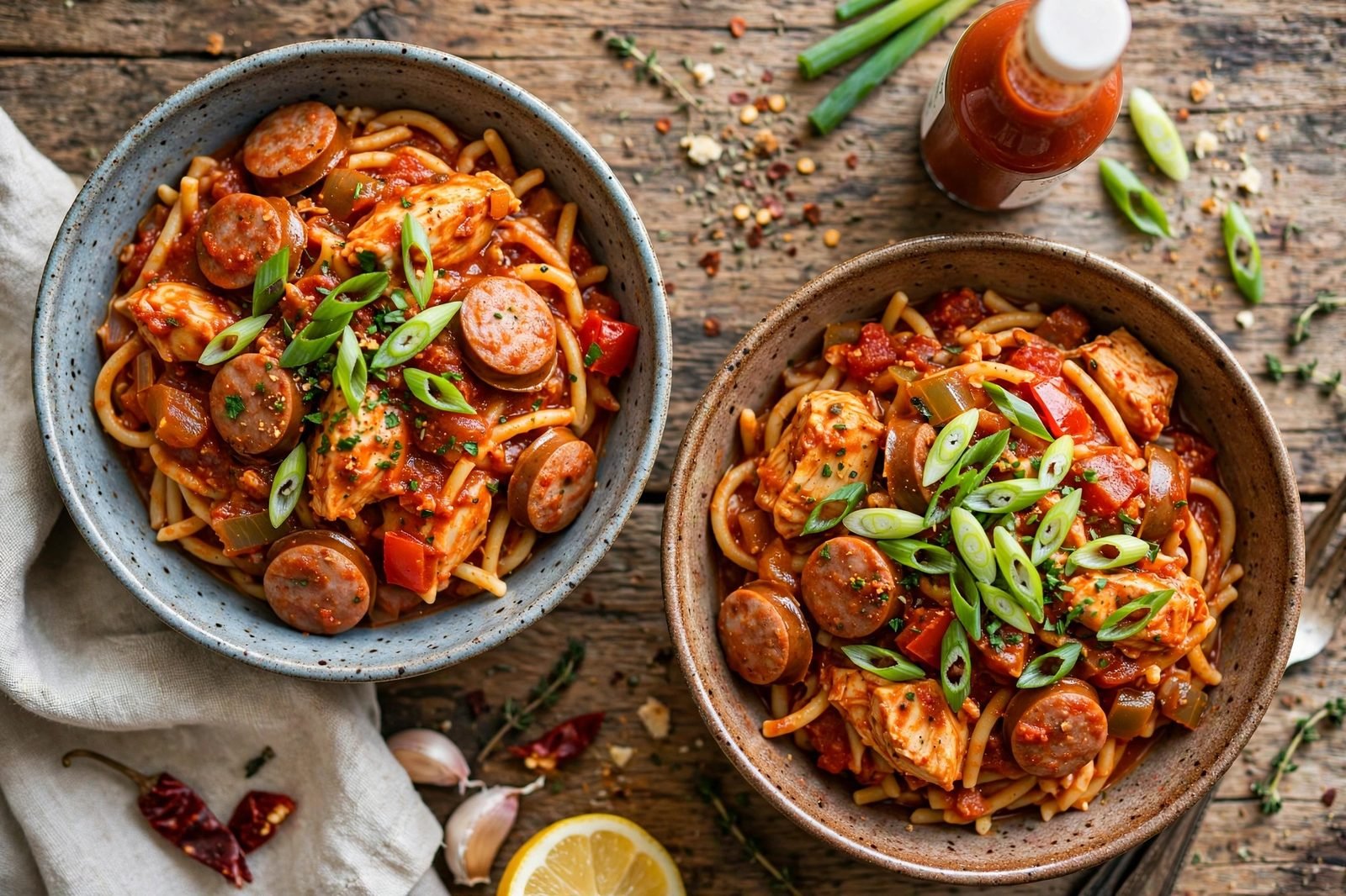 Served bowls of jambalaya pasta with sliced green onions