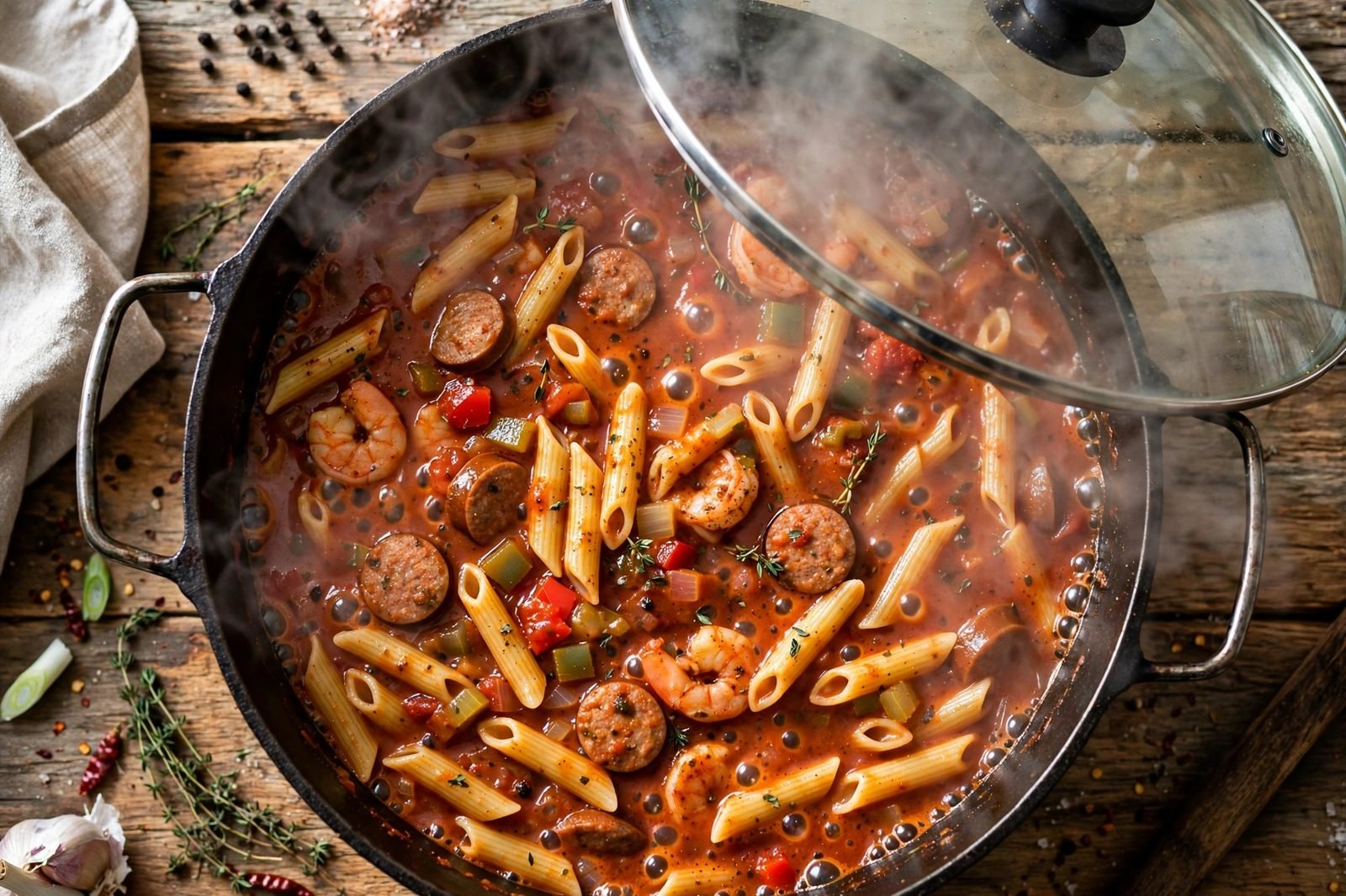 Jambalaya pasta simmering covered in the skillet