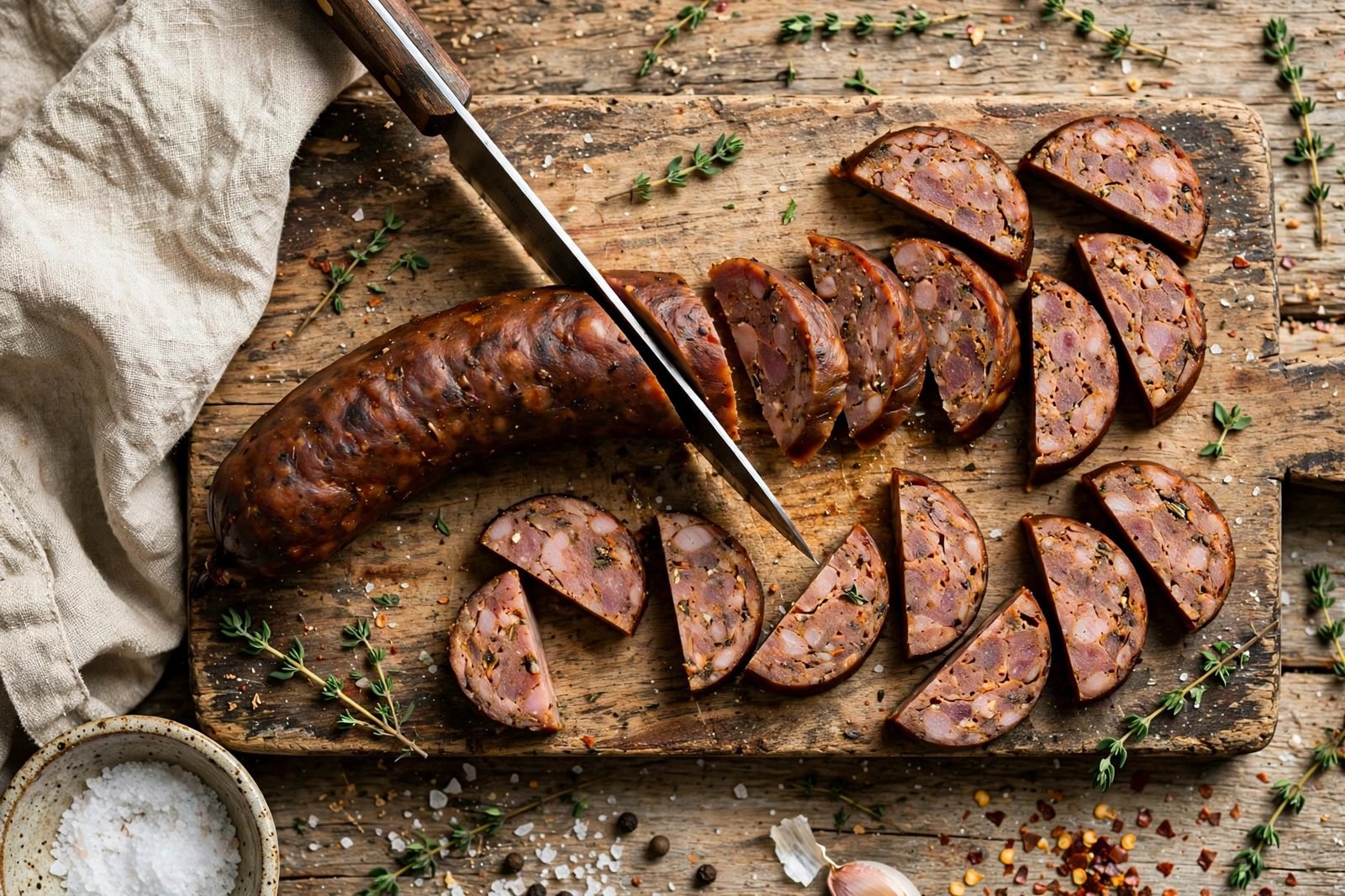 Slicing andouille sausage into half-moons
