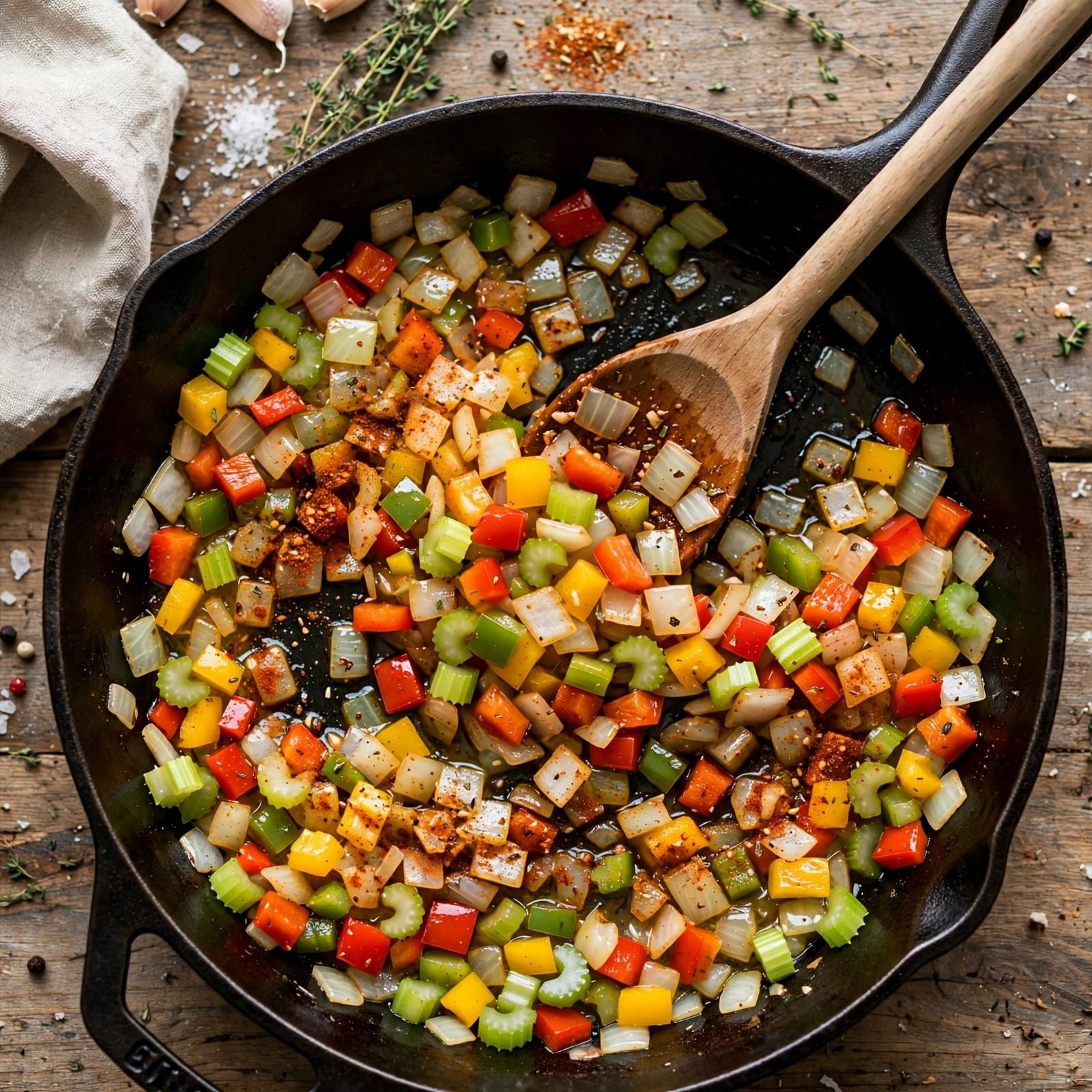 Onion, bell peppers, and celery softening in the skillet