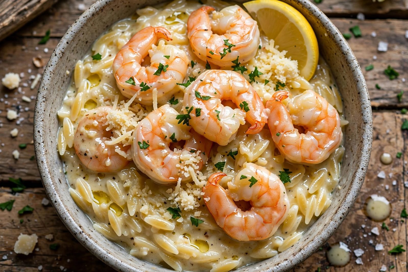 Close-up of a served bowl of garlic butter shrimp orzo with parsley and Parmesan