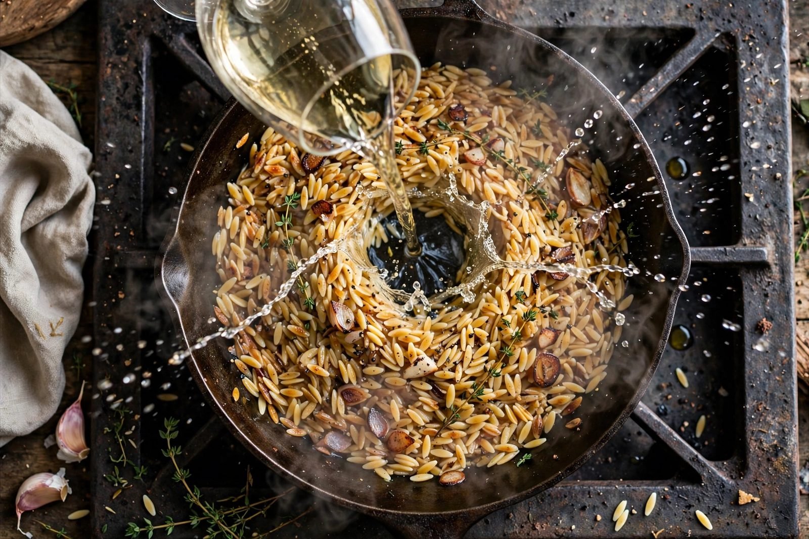 White wine being poured into the skillet to deglaze