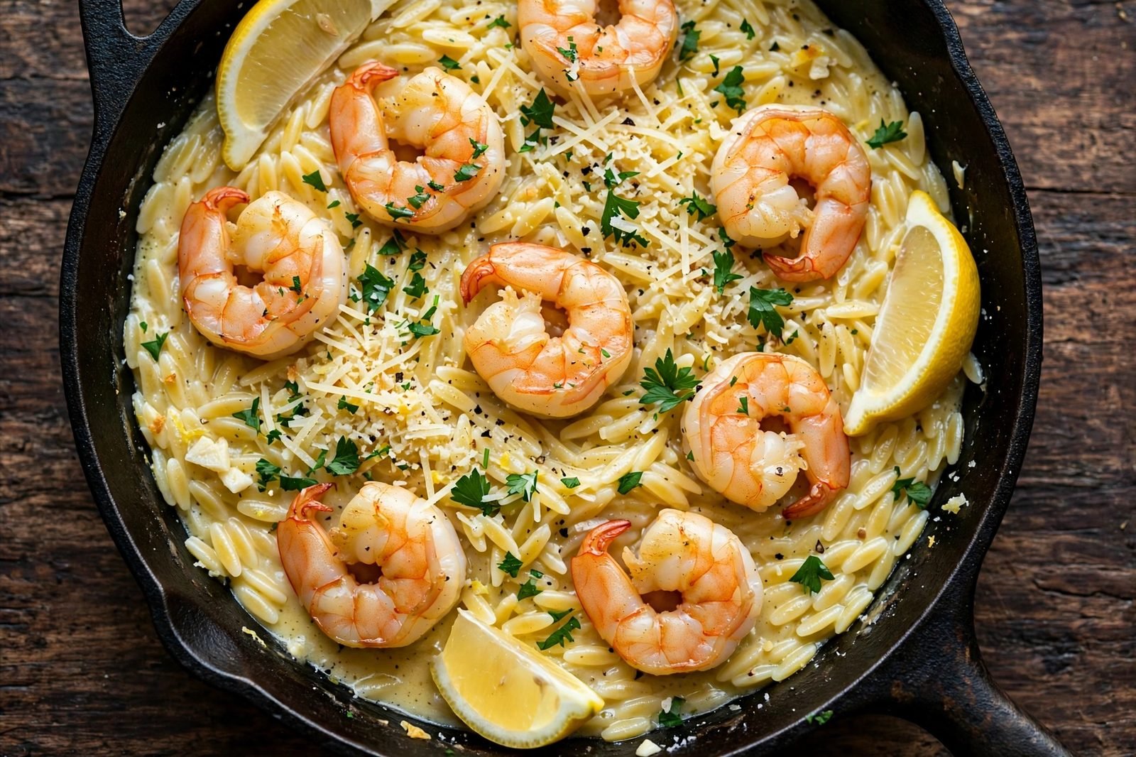 Finished skillet of garlic butter shrimp and orzo with parsley and lemon