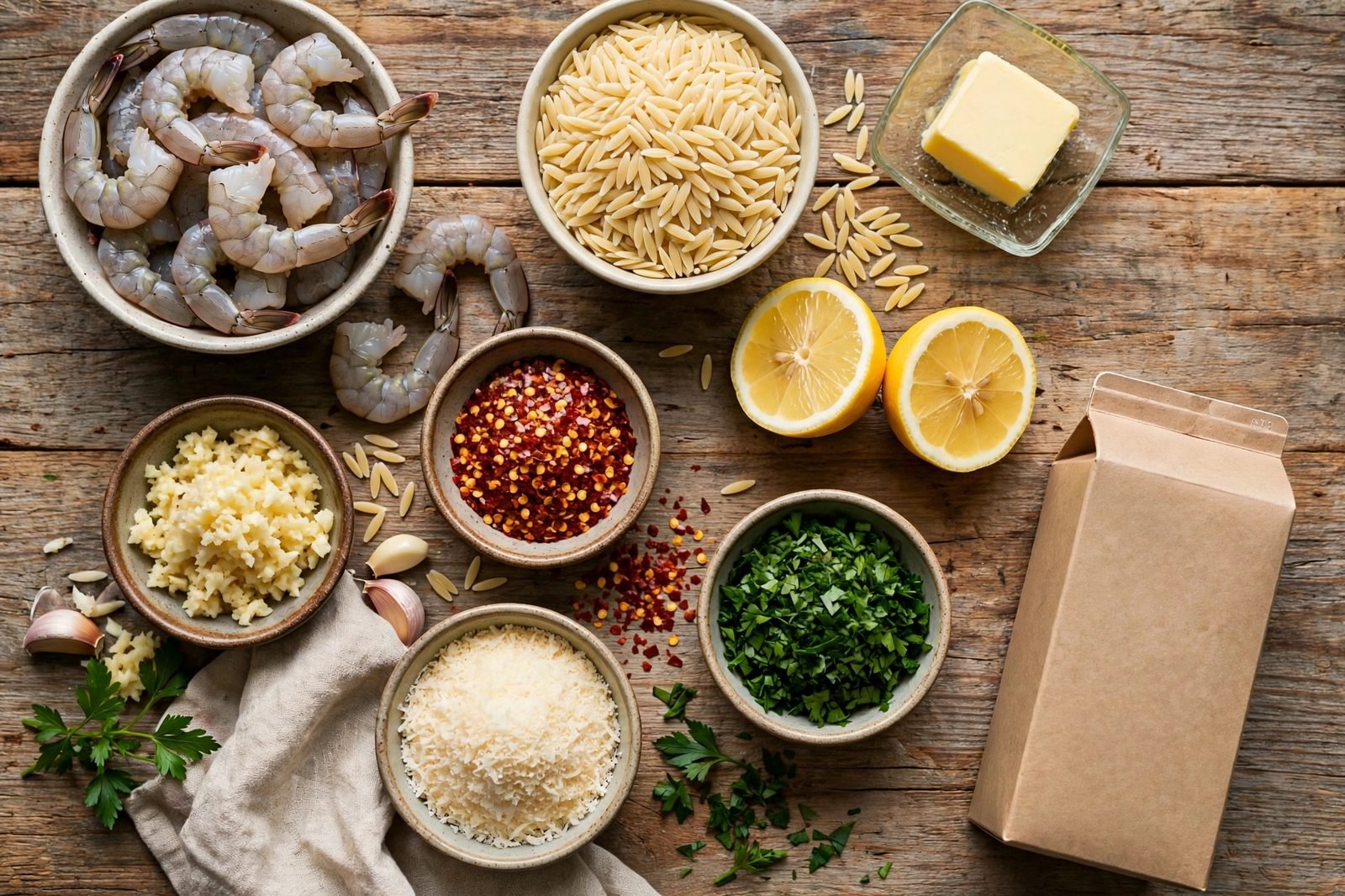 Ingredients for garlic butter shrimp orzo: shrimp, orzo, butter, garlic, lemon, Parmesan, and broth