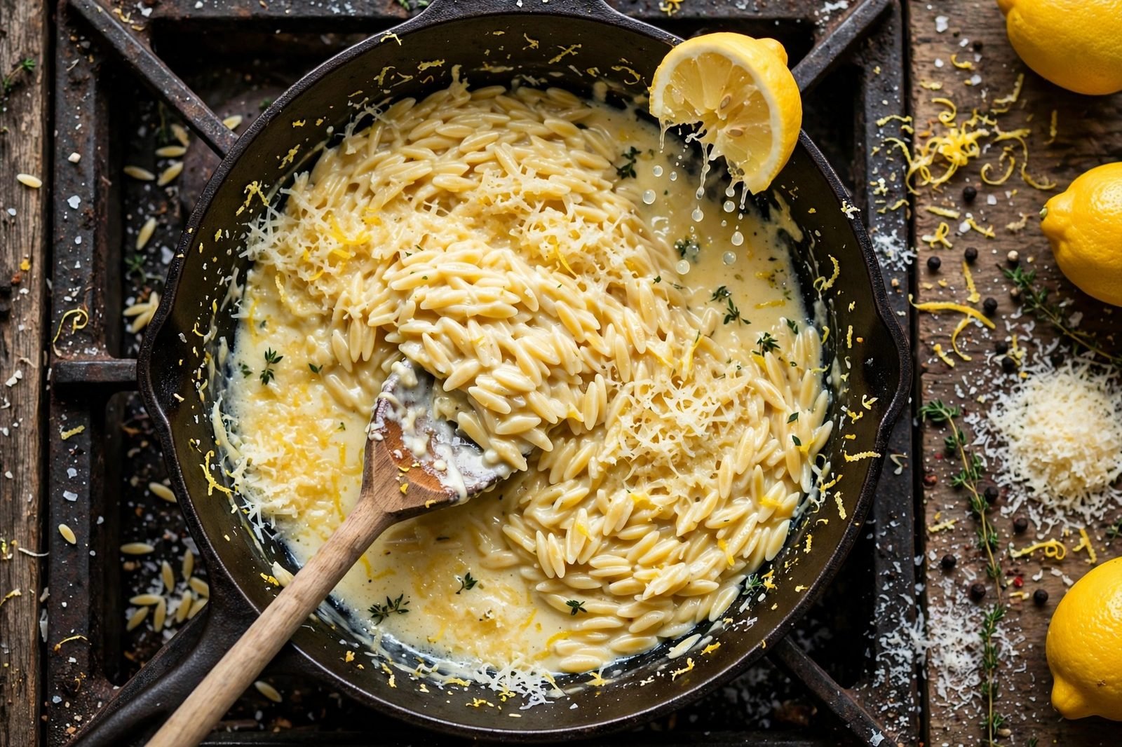 Lemon zest, juice, and Parmesan being stirred into the orzo