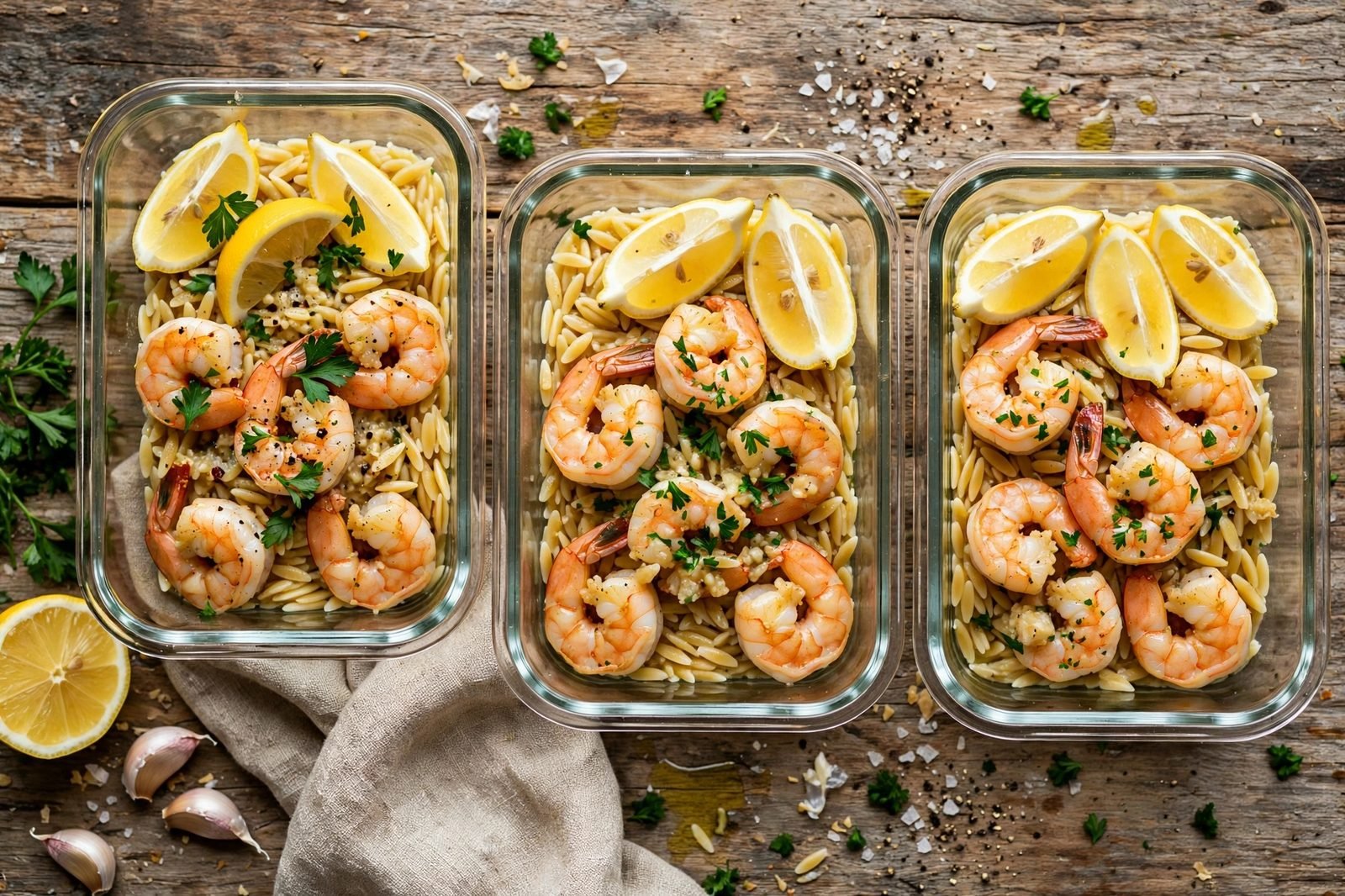 Garlic butter shrimp orzo portioned into glass meal-prep containers