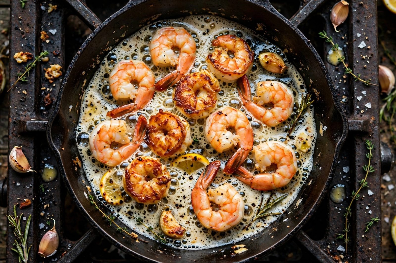 Shrimp searing golden in the skillet