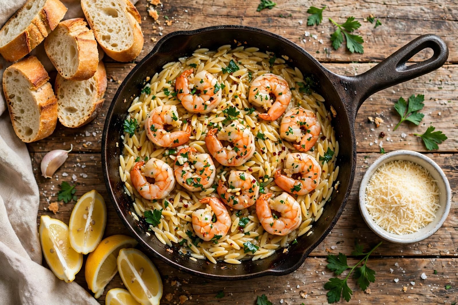 Skillet of garlic butter shrimp orzo on the table with lemon wedges and bread